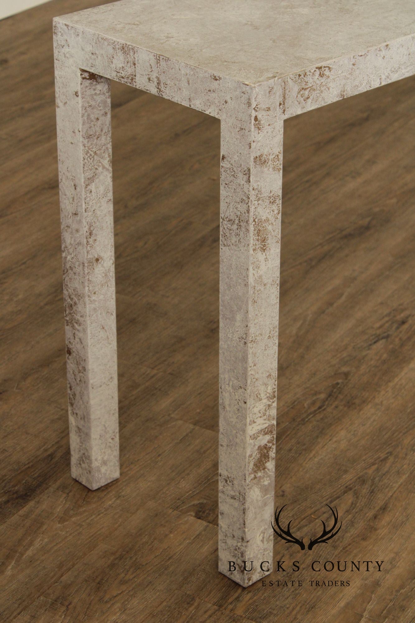 Mid Century Modern Cerused Painted Pair Of Burl Wood Parsons Console Tables