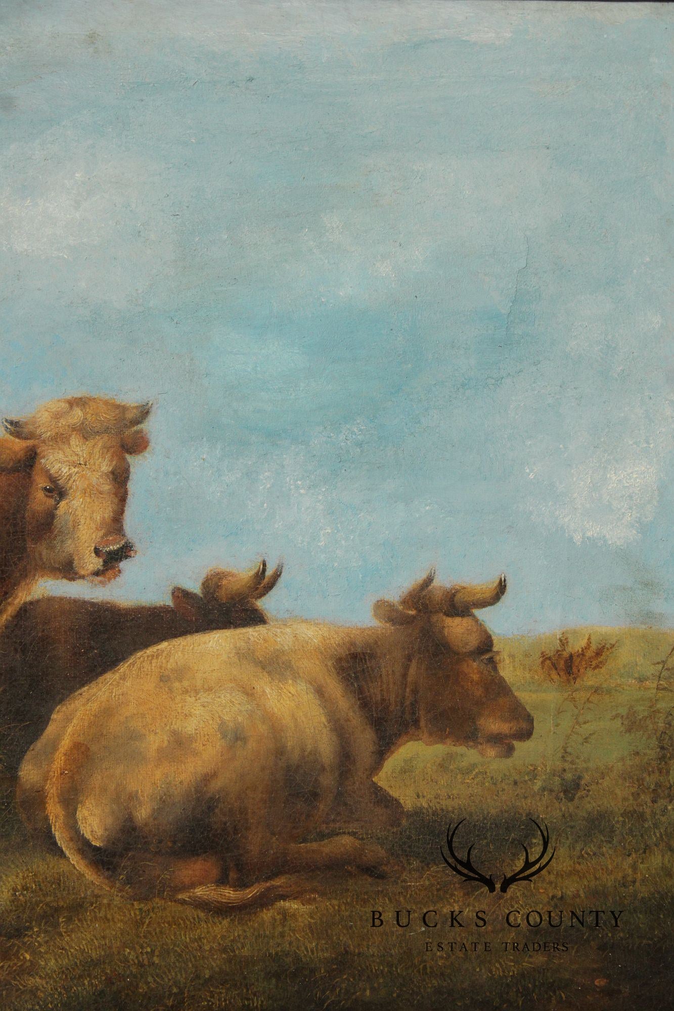 Antique European School Oil Painting, Cattle Grazing