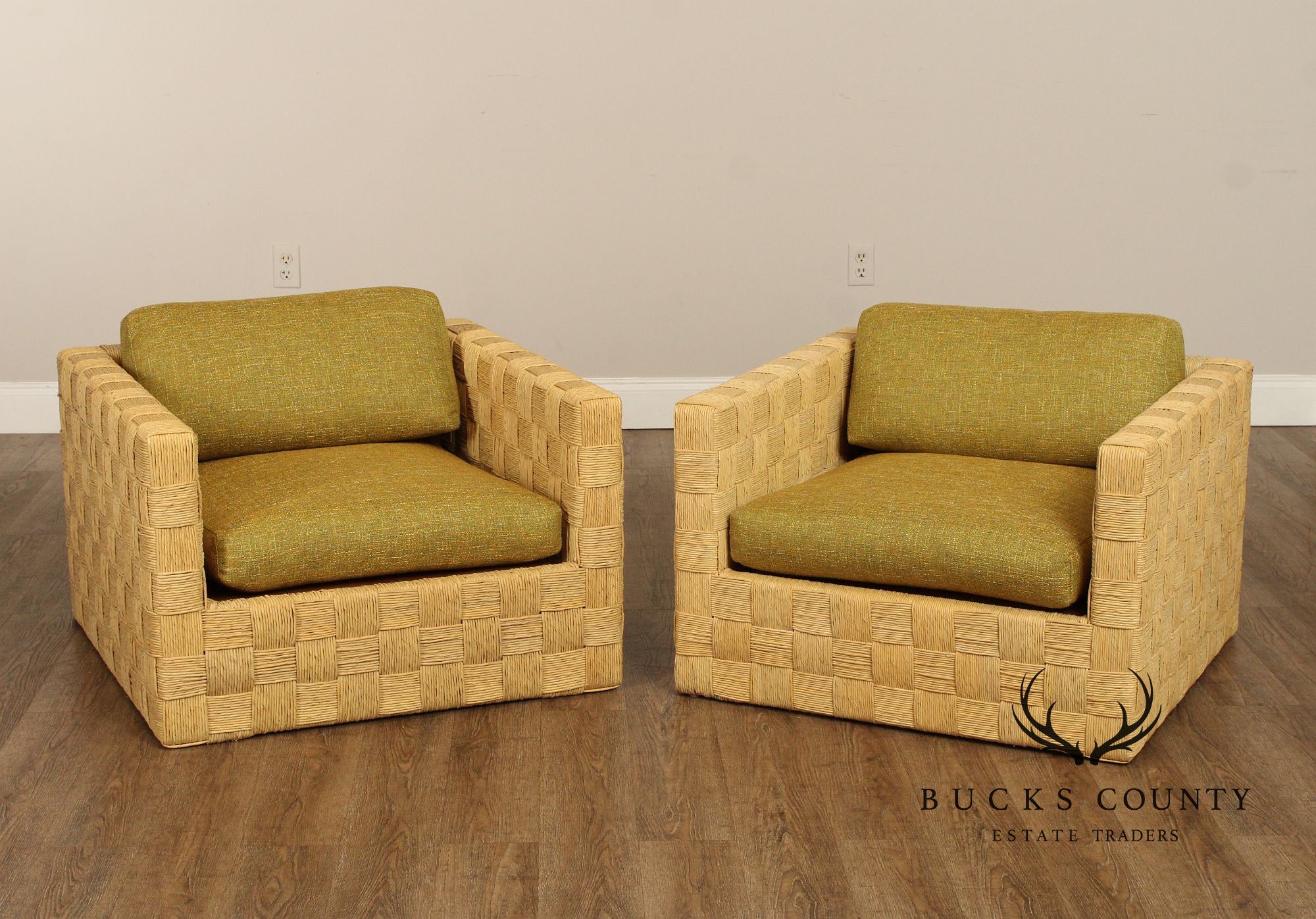 Harvey Probber Artisan Collection Pair of Woven Rush Lounge Chairs