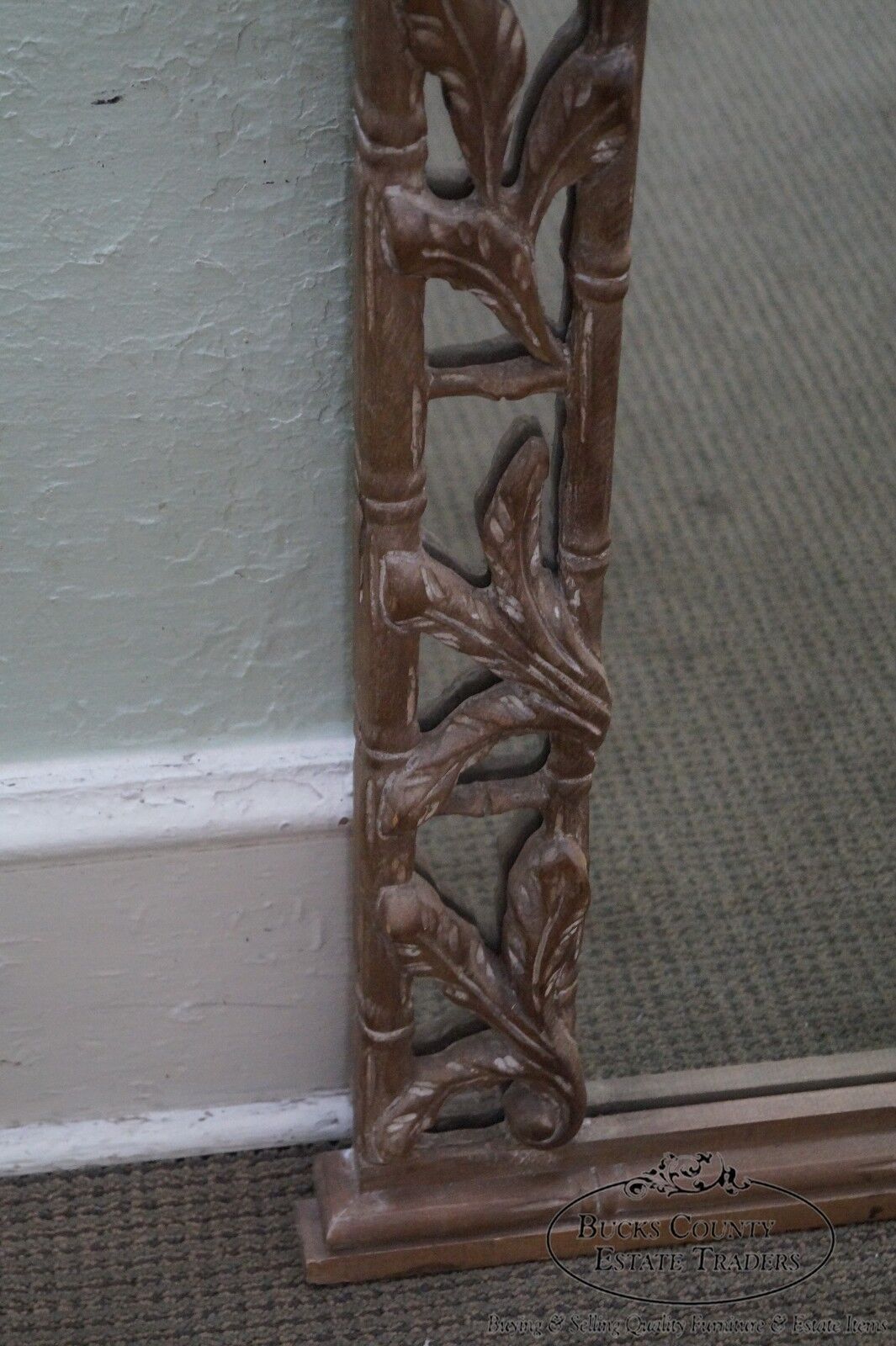 Vintage Faux Bamboo & Leaf Carved Wall Mirror