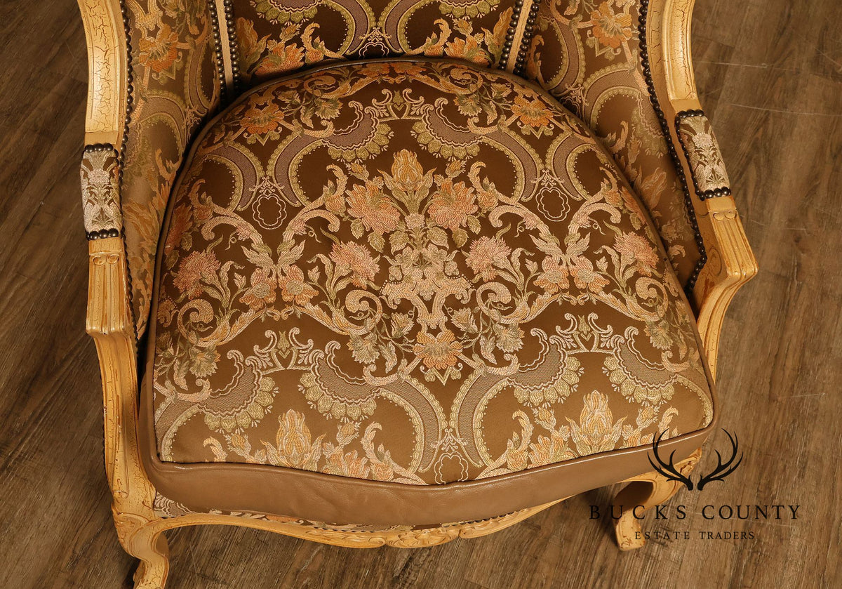 Old Hickory Tannery French Louis XV Style Pair Of Cane And Leather Hooded Porter Chairs