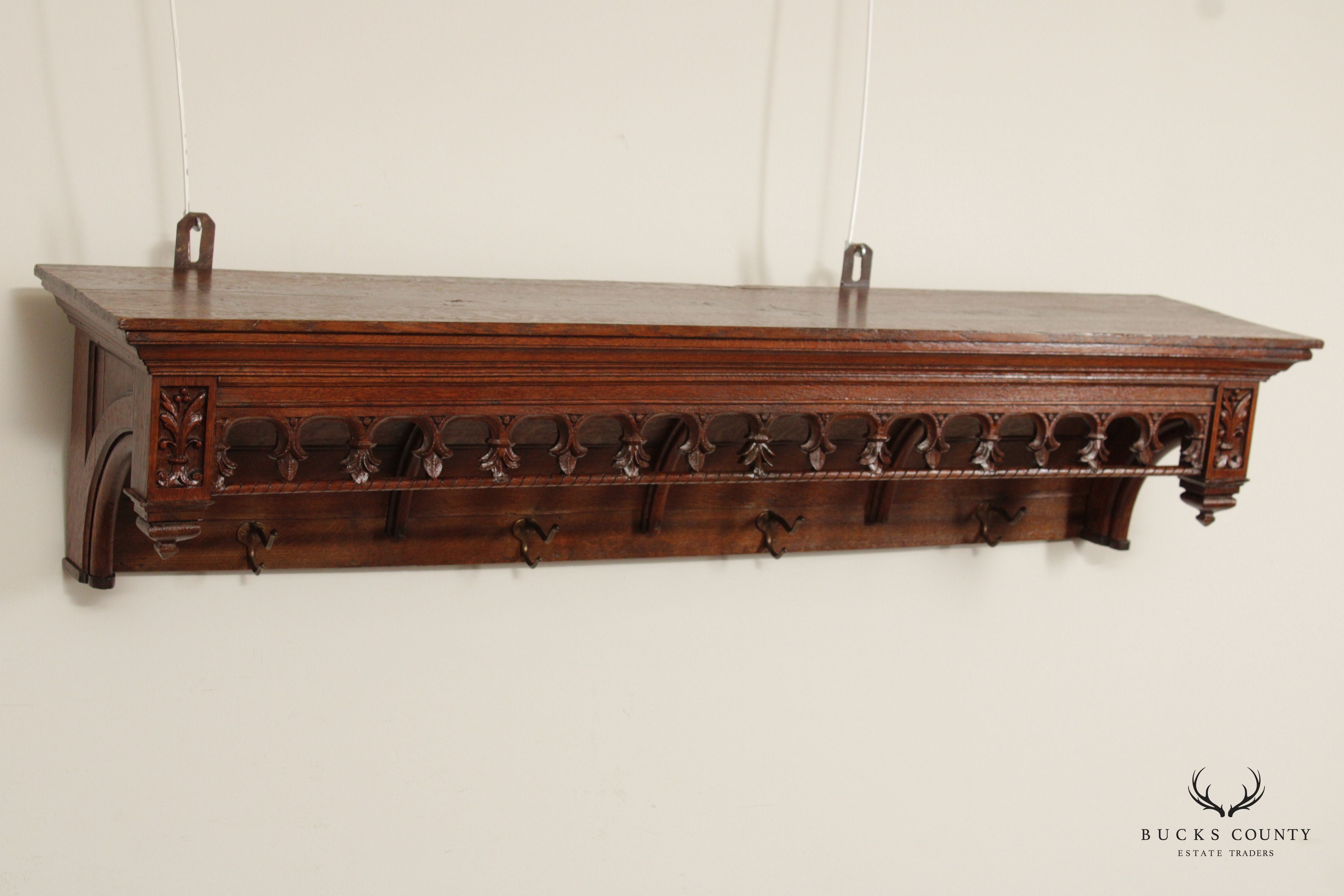 Antique French Gothic Revival Carved Oak Coat Rack Wall Shelf