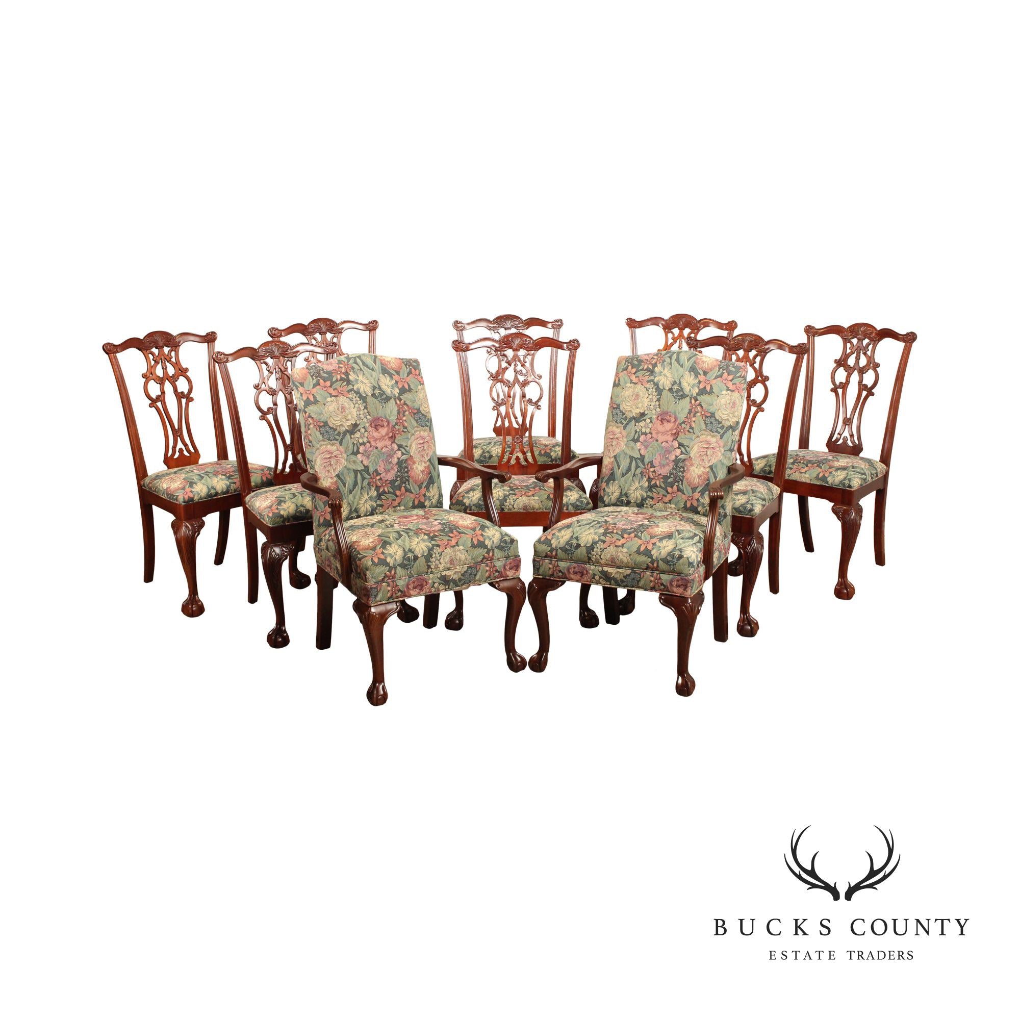 Ethan Allen Chippendale Style 18th Century Mahogany Collection Set of 10 Carved Dining Chairs