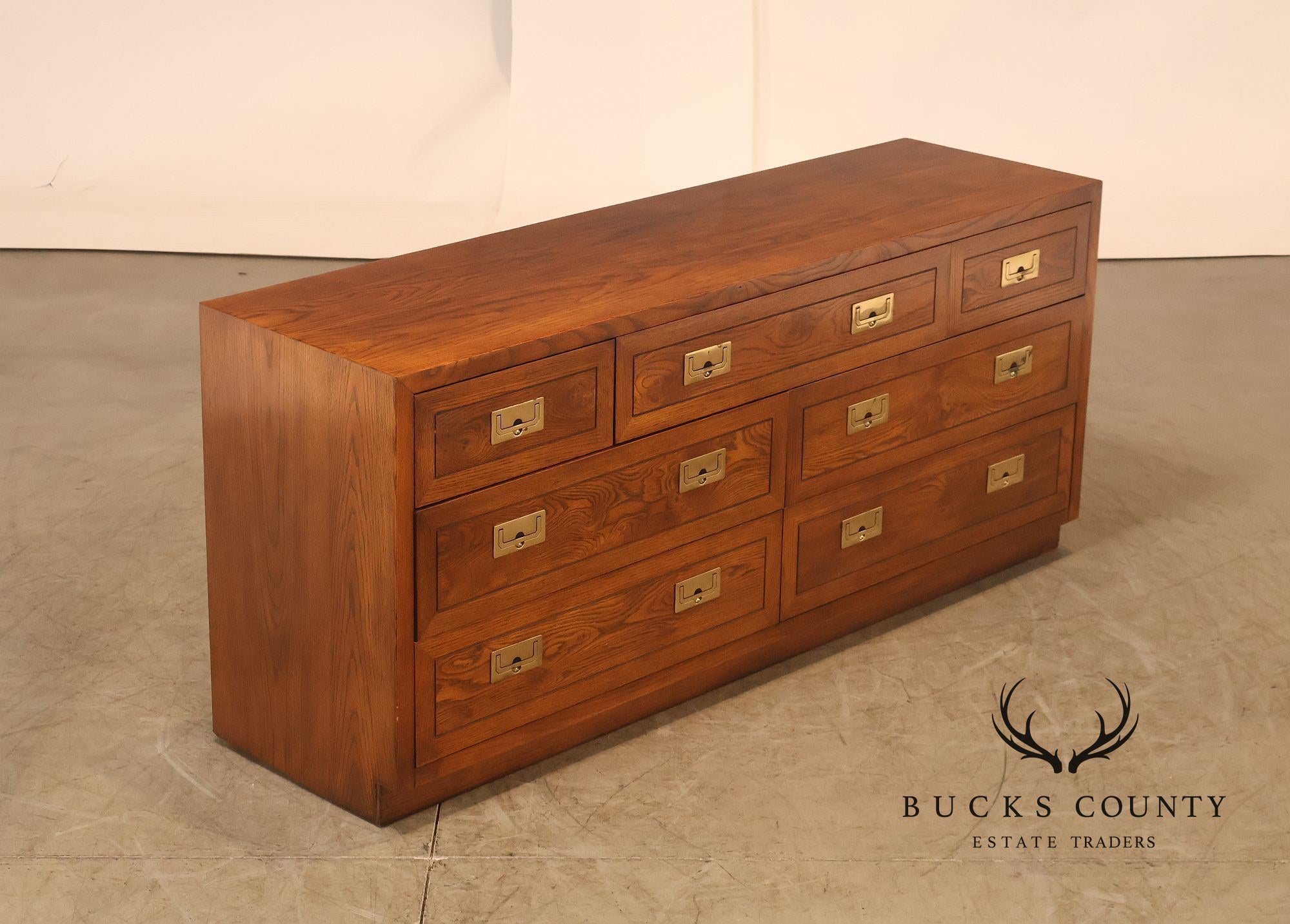 Henredon Campaign Style Oak Seven Drawer Dresser