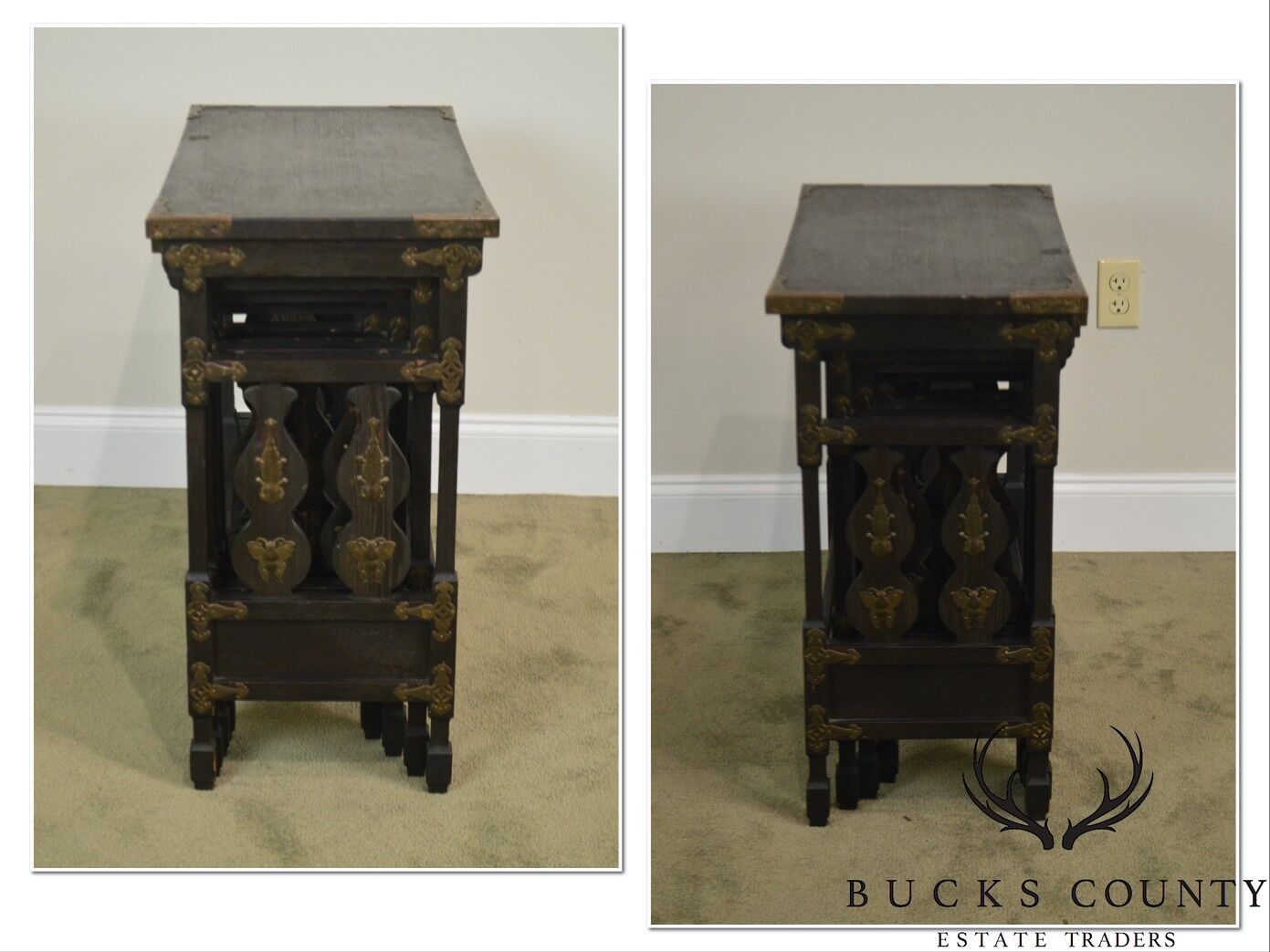 Arts & Crafts Antique Oak Asian Inspired Nesting Tables