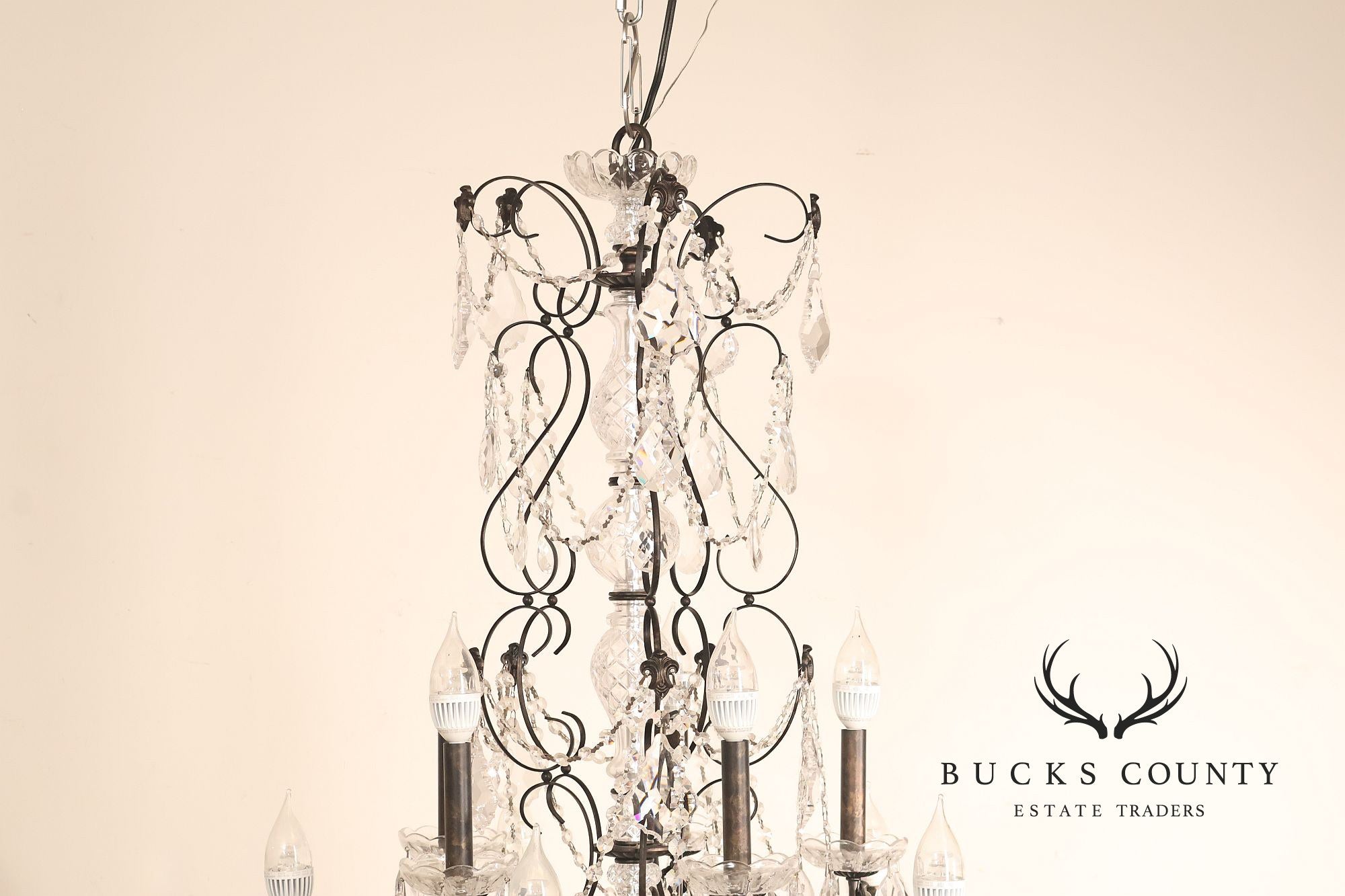 Large Twenty-Light Crystal And Wrought Iron 55" Chandelier