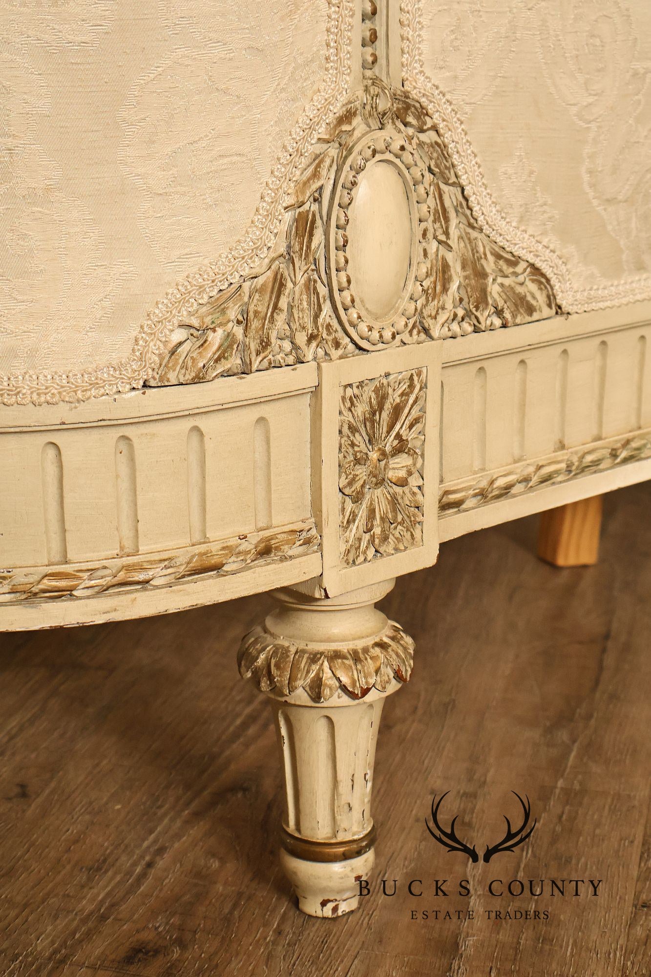 Antique French Louis XVI Style Painted & Upholstered Full Size Bed Frame