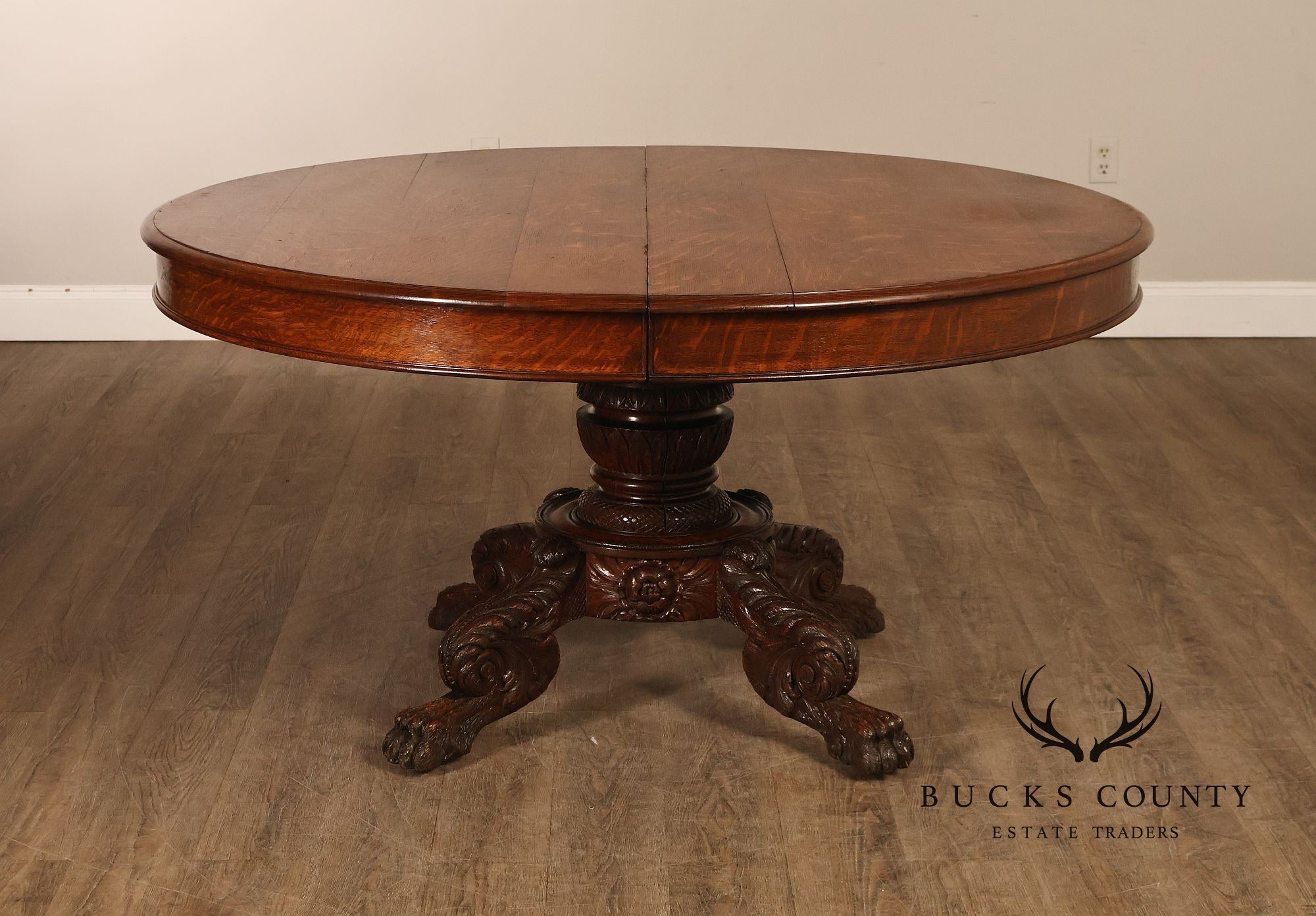 Antique 57 inch Round Oak Pedestal Dining Table With Carved Claw Feet