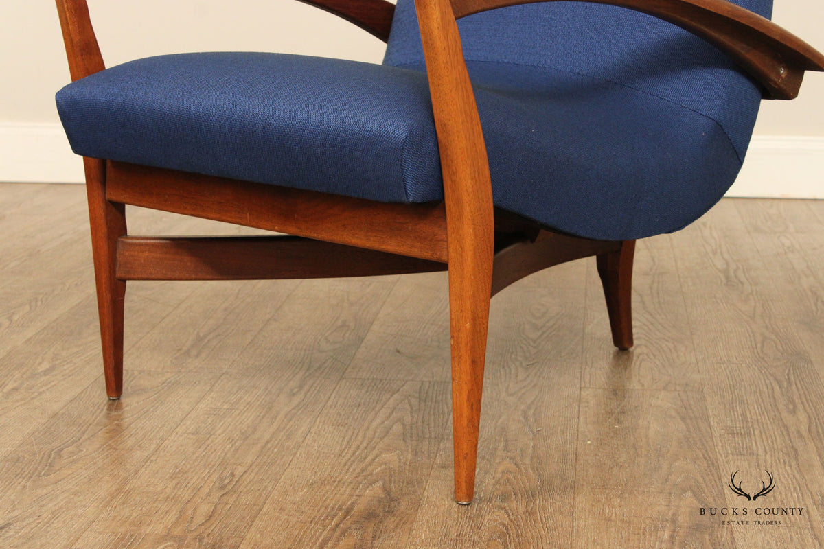 Quality Mid Century Modern Unusual Sculpted Walnut Pair Of Three Legged Lounge Chairs