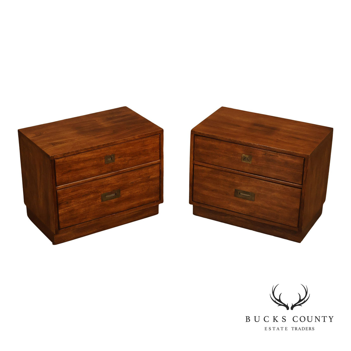 Stanley Campaign Style Pair of Walnut Bedside Chests