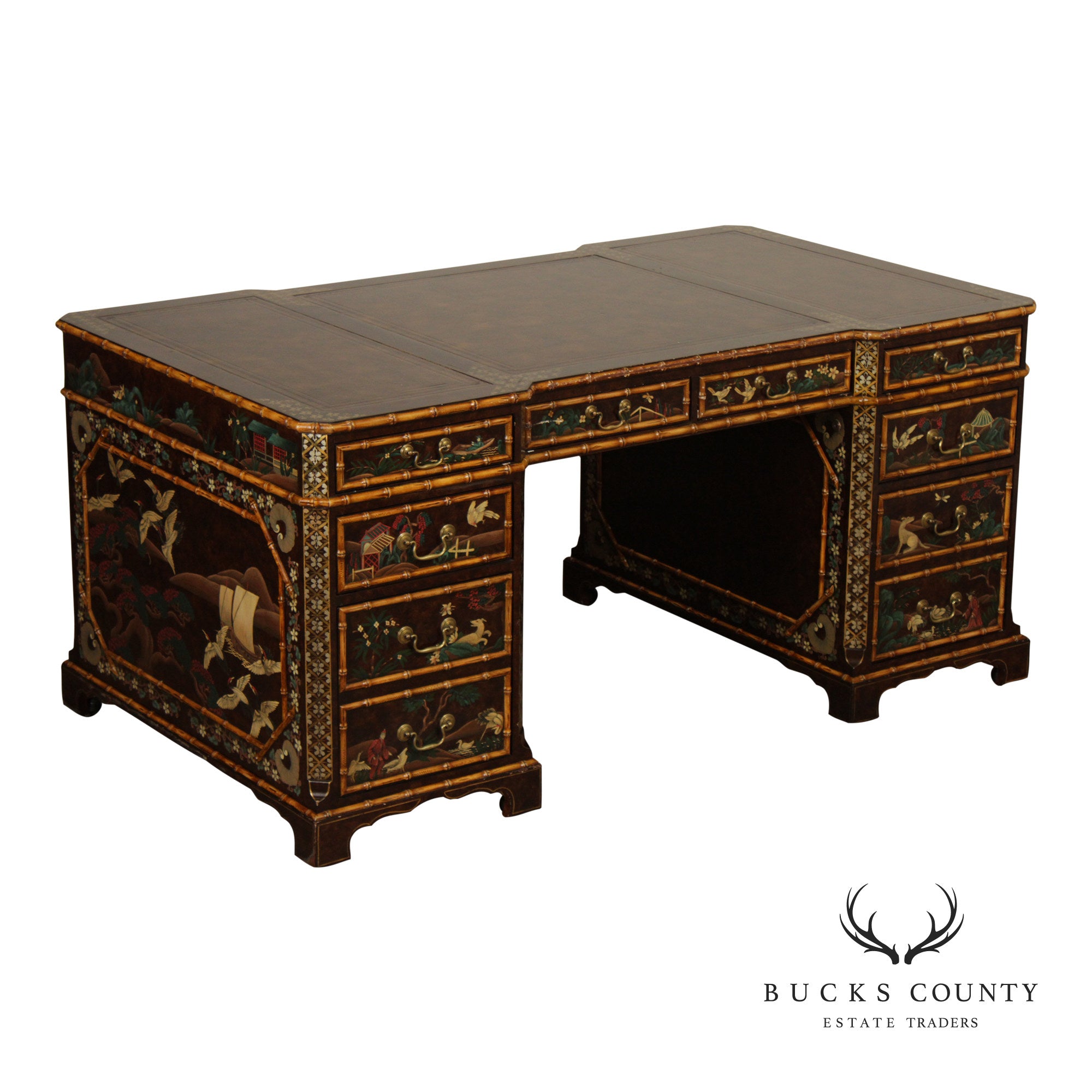 John Widdicomb Chinoiserie Leather Top Executive Partner's Desk