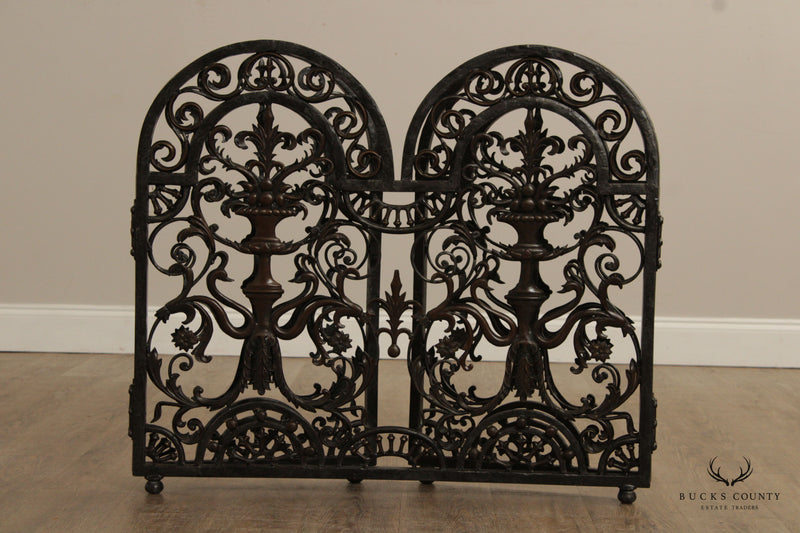 Quality Ornate Iron And Bronze Three Panel Fire Screen