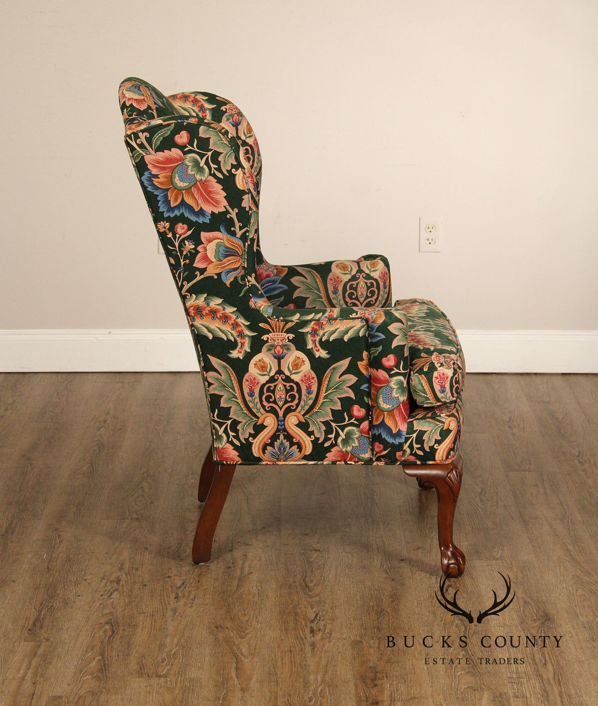 Ethan Allen Floral Upholstered Chippendale Style Wingback Chair
