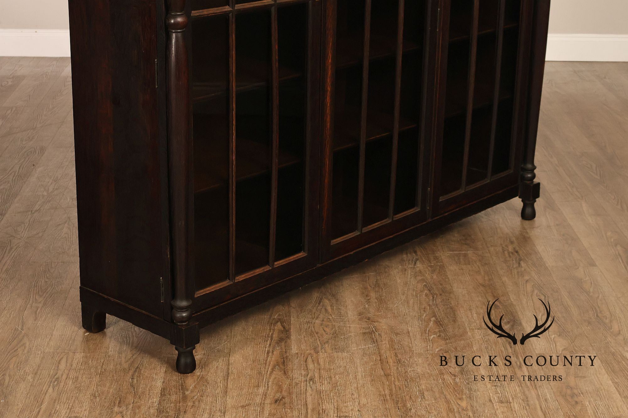 Antique Carved Oak Glass Door Triple Bookcase