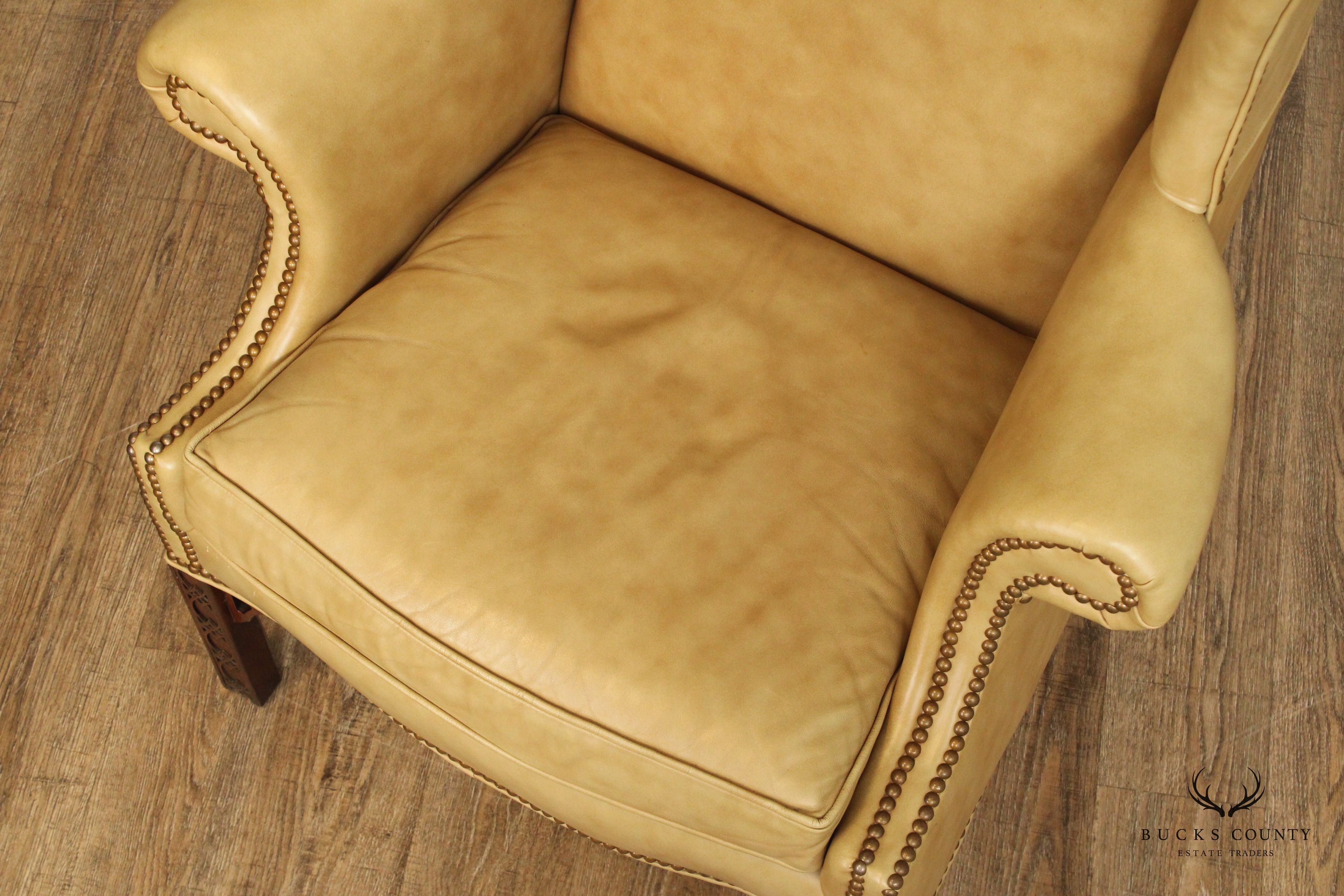 Chippendale Style Tan Leather Wing Chair