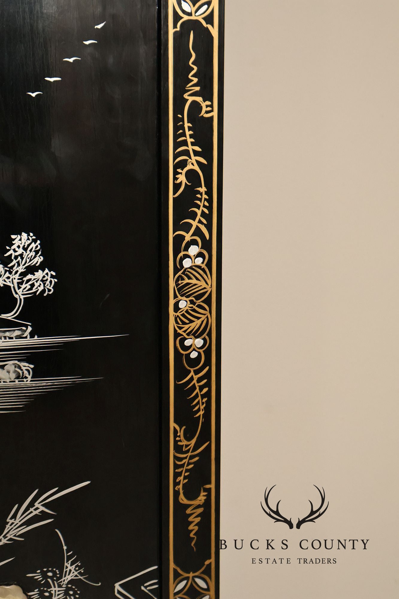 Asian Black Lacquer Vintage Pair Of Four Panel Folding Screens With Mother Of Pearl Inlay
