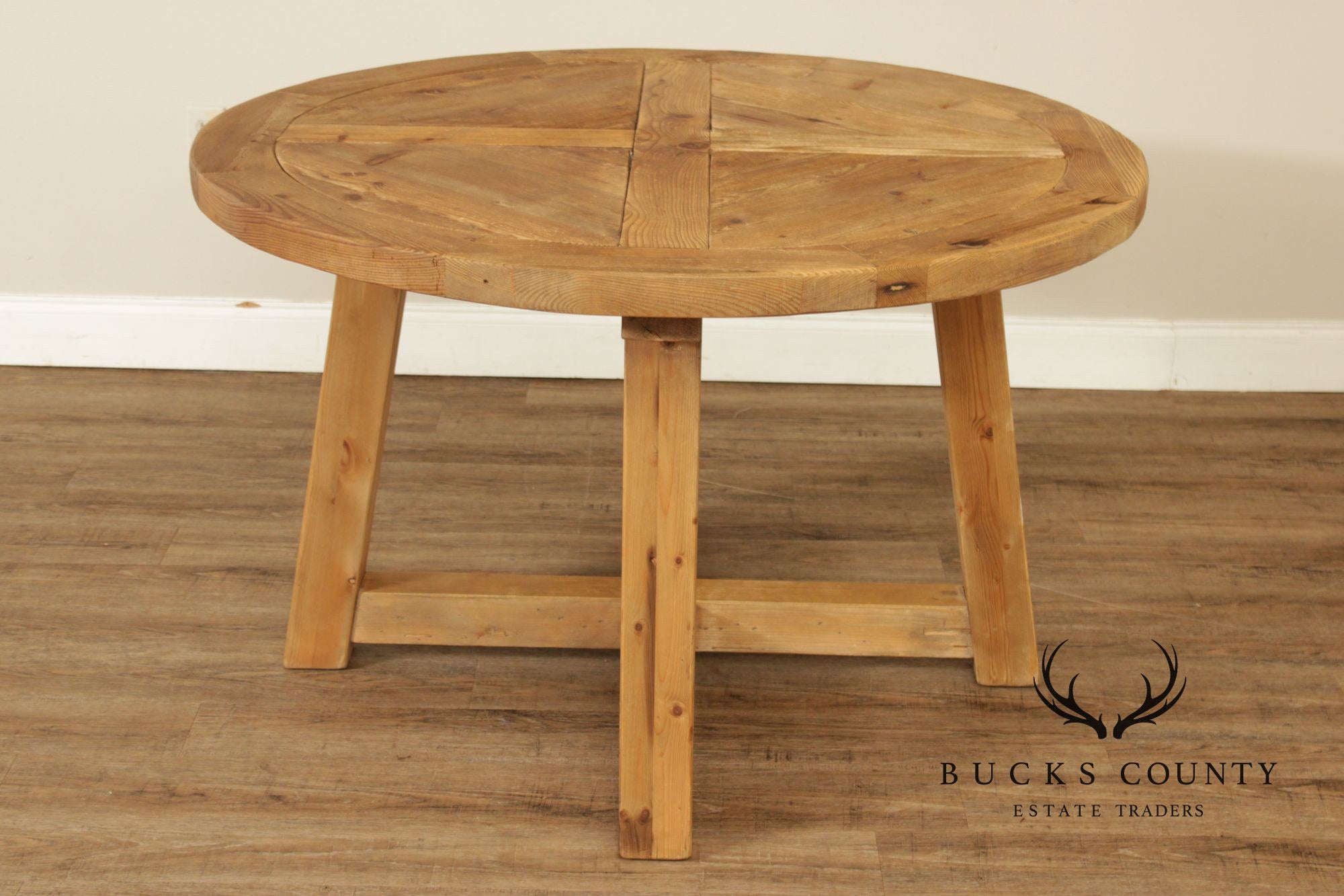 Rustic Industrial Round Pine Dining Or Center Table With X-Base