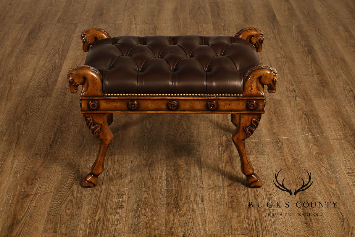 Theodore Alexander Regency Style Carved Horse Head Leather Bench