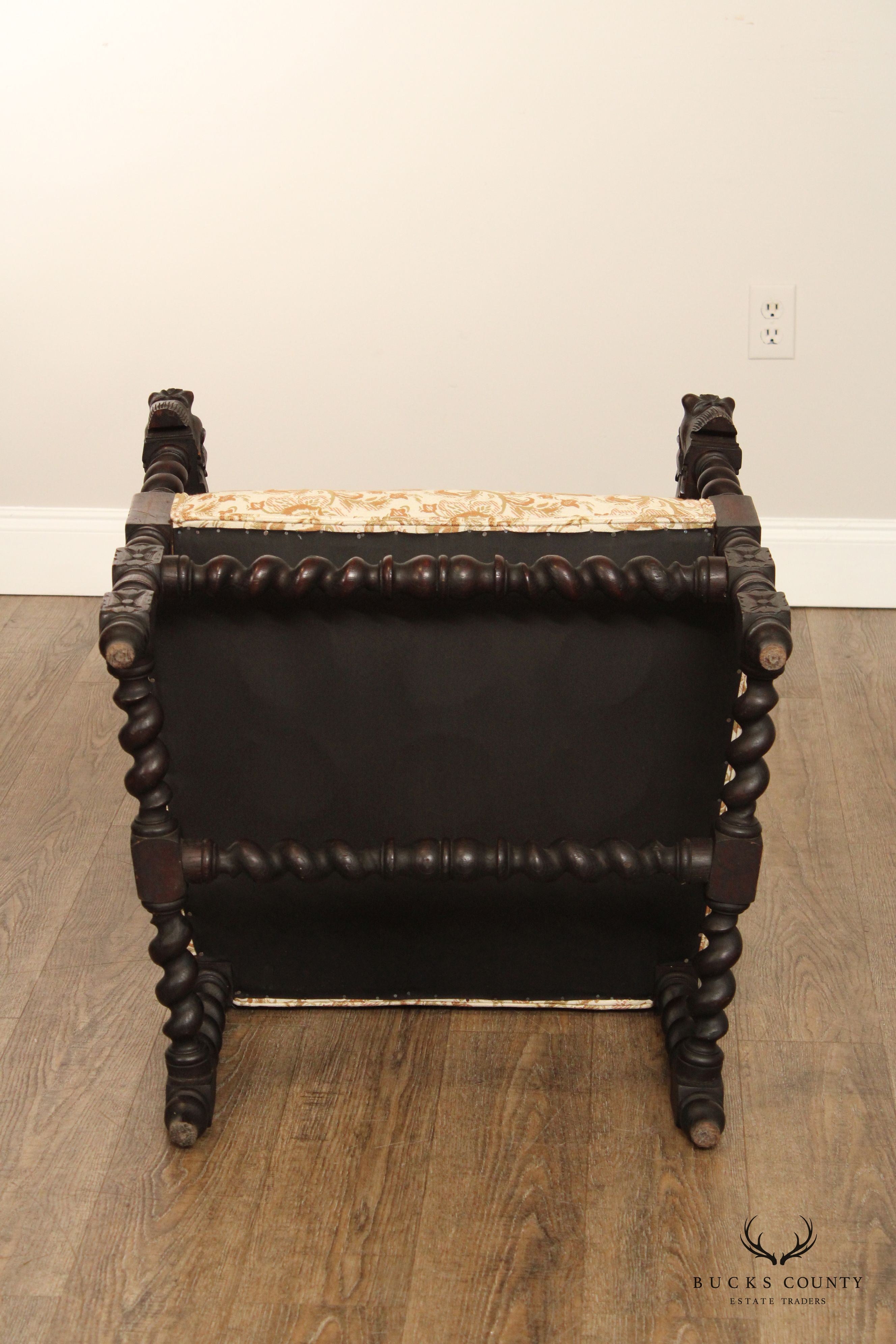 Renaissance Revival Antique Carved Oak Throne Armchair