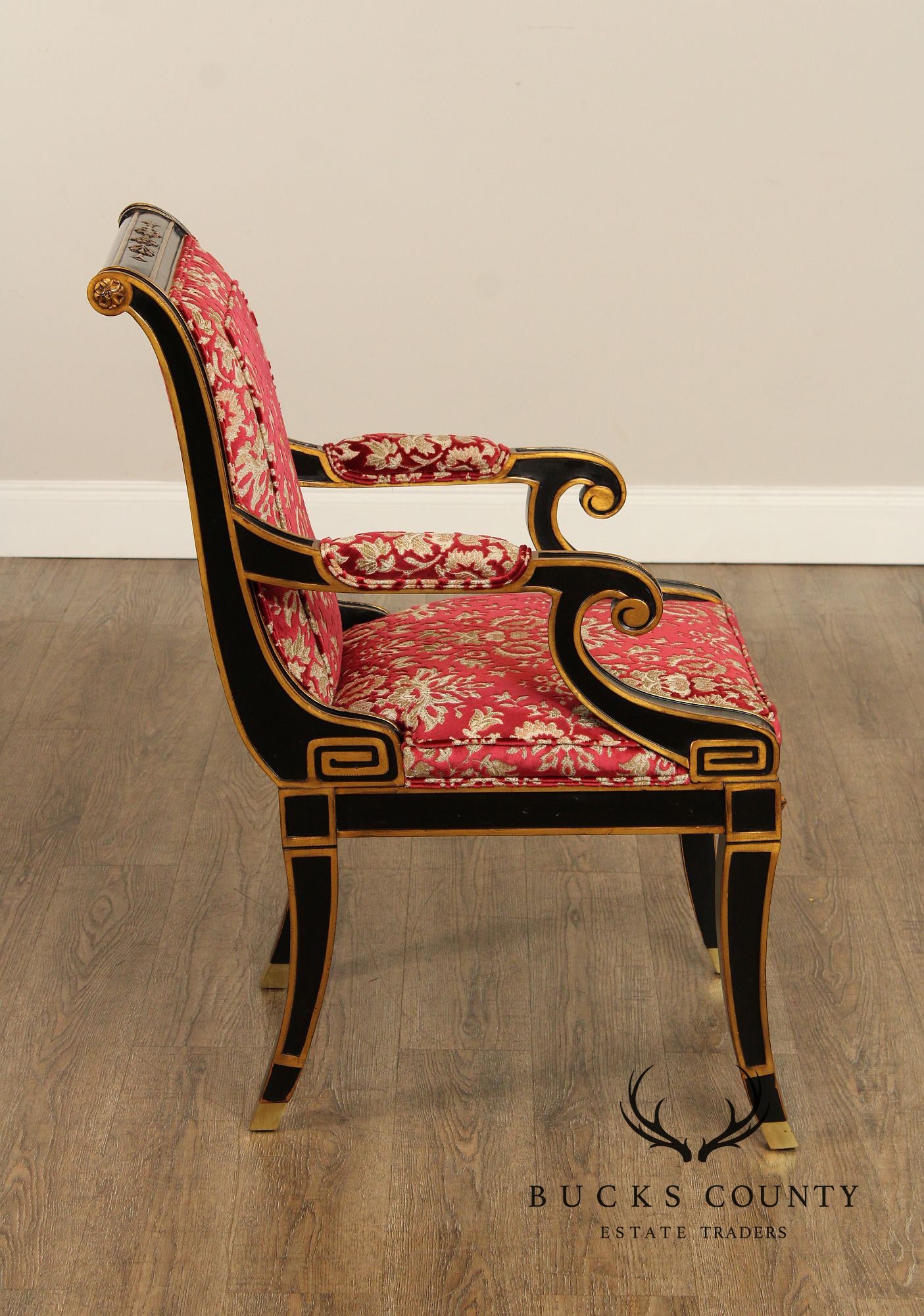 Karges Regency Style Ebonized and Partial Gilt Armchair