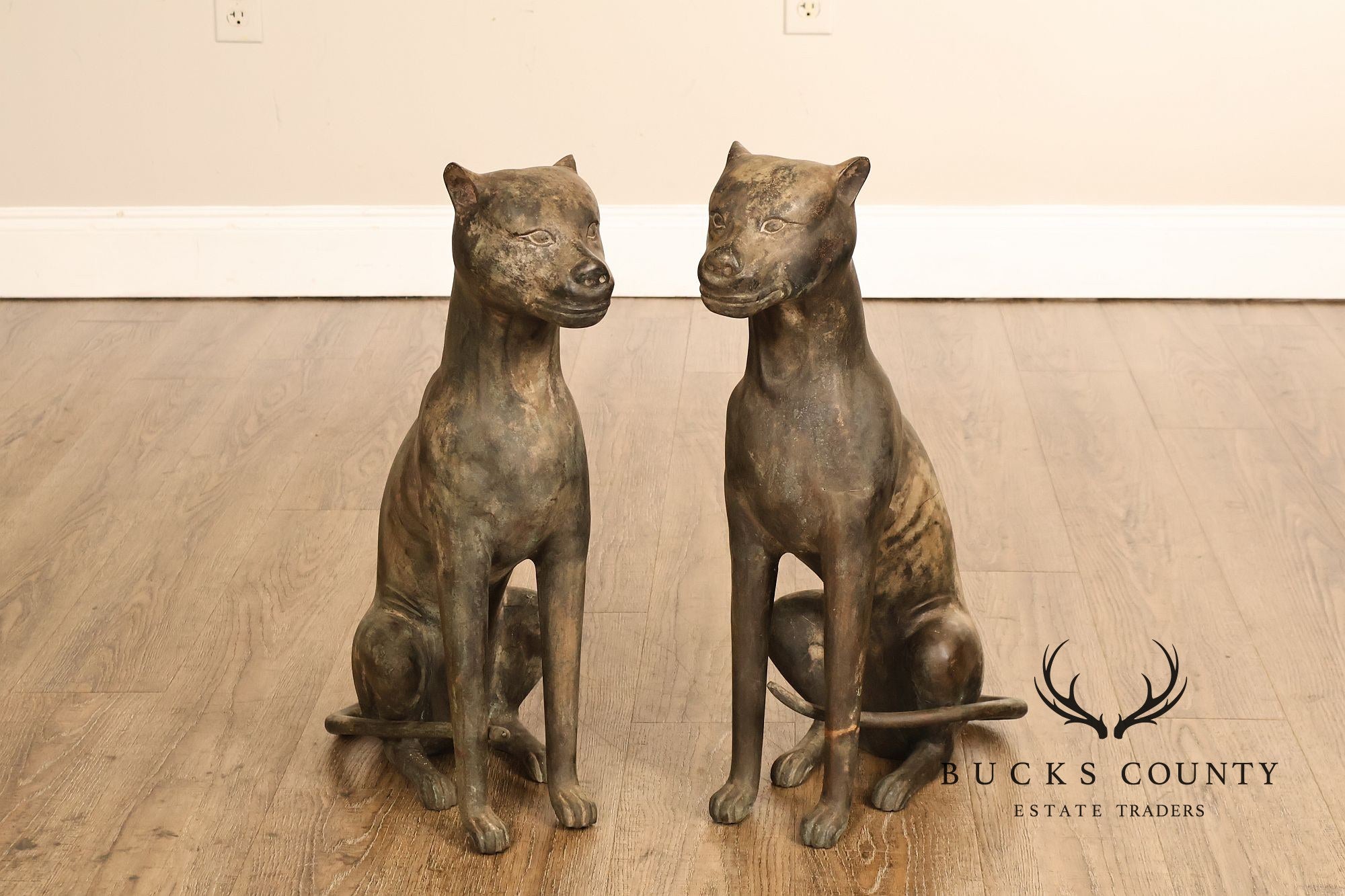 Egyptian Revival Bronze Pair Of Seated Cat Garden Sculptures