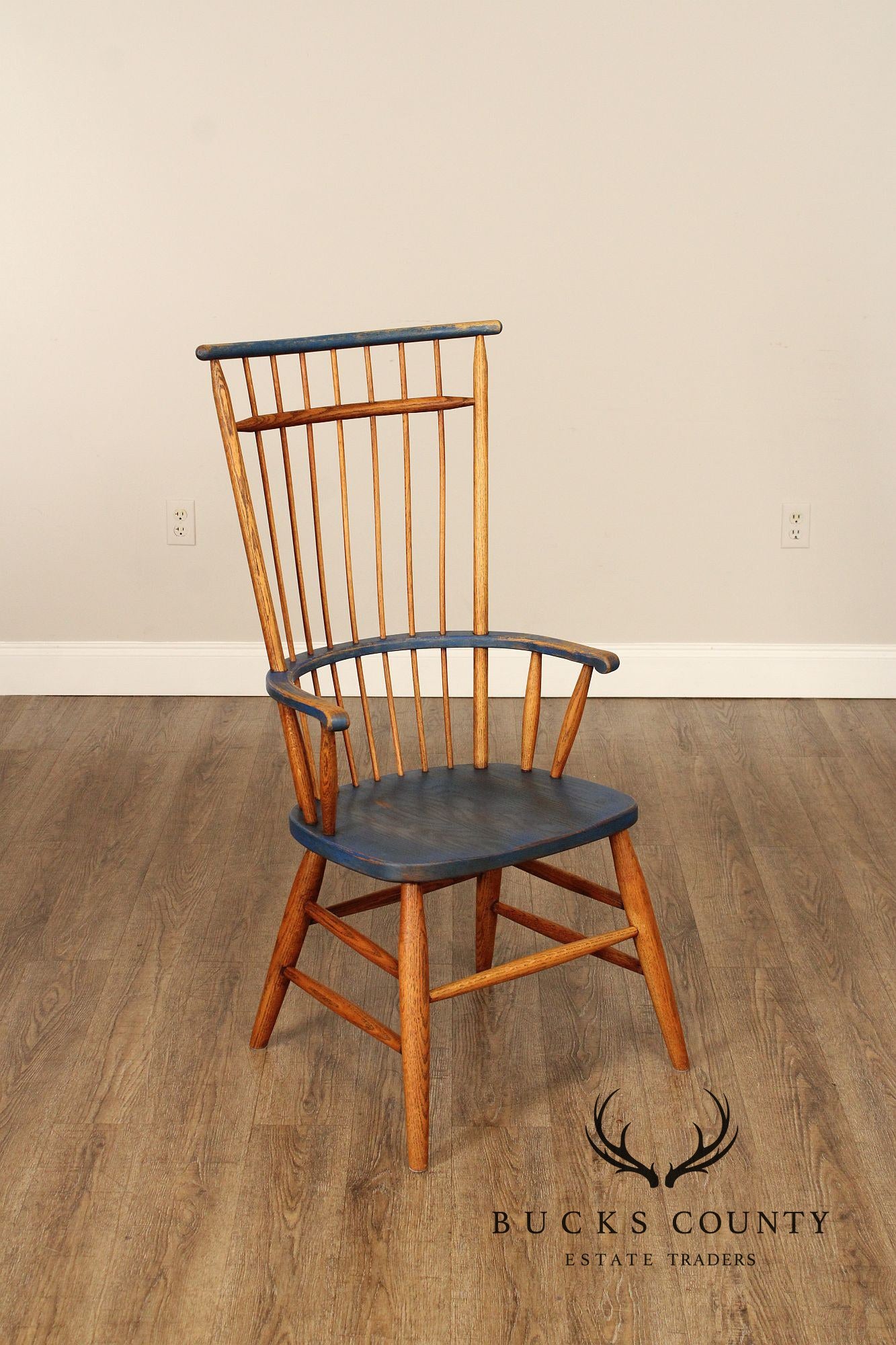 Early American Style Set of Four Oak Painted Windsor Armchairs