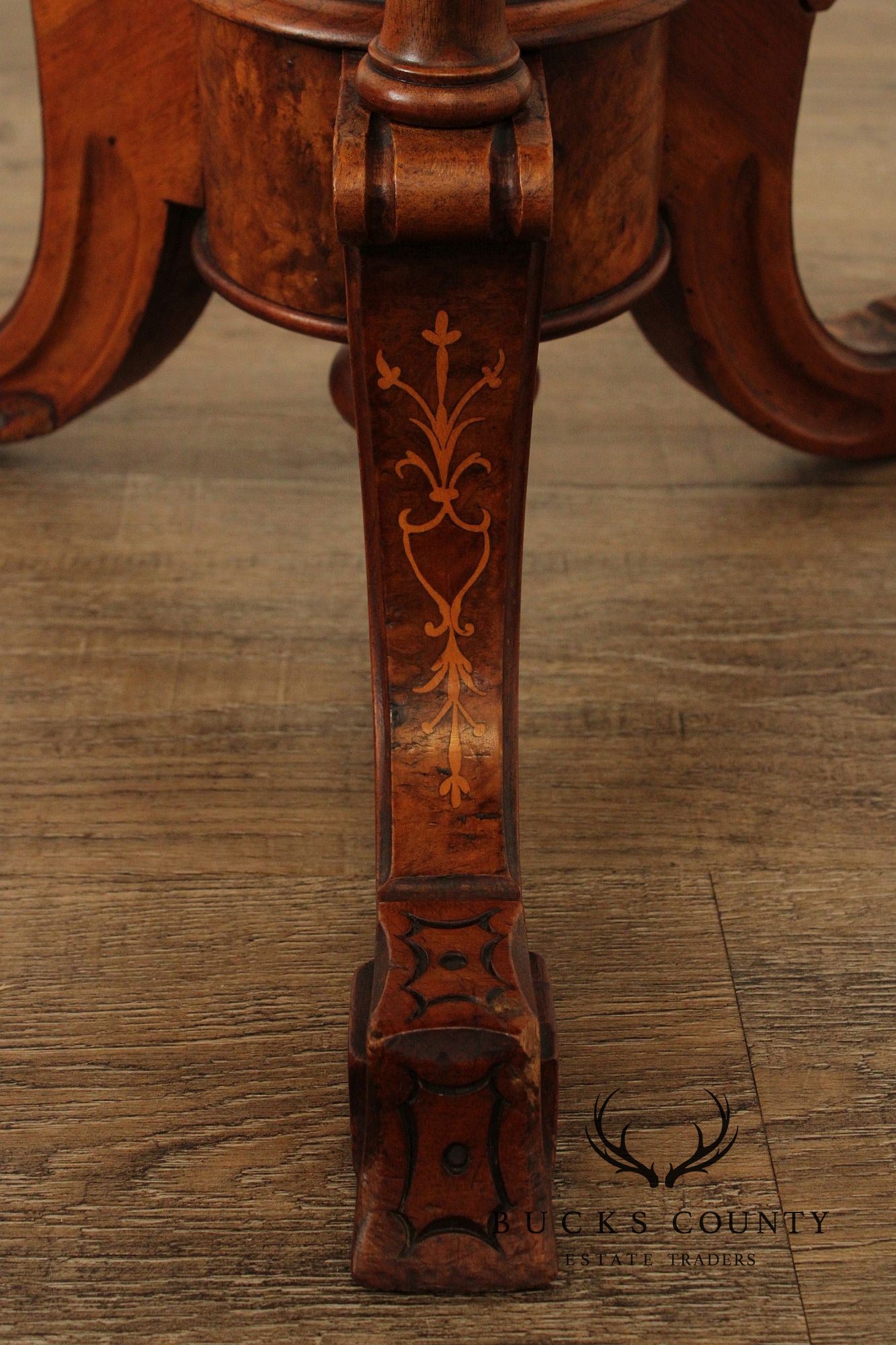 Antique Victorian Carved Inlaid Burl Wood Round Side Table