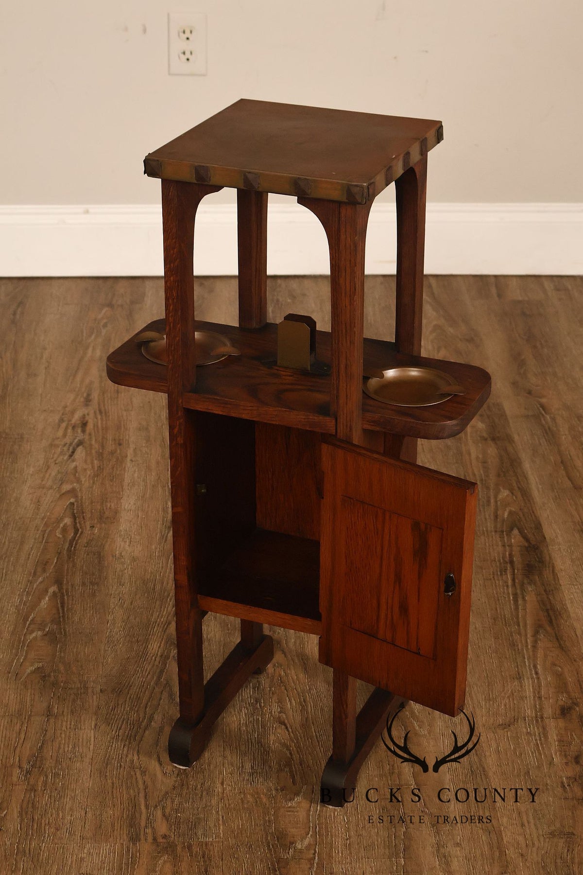 Antique Mission Arts And Crafts Oak Smoking Stand With Copper Ashtrays