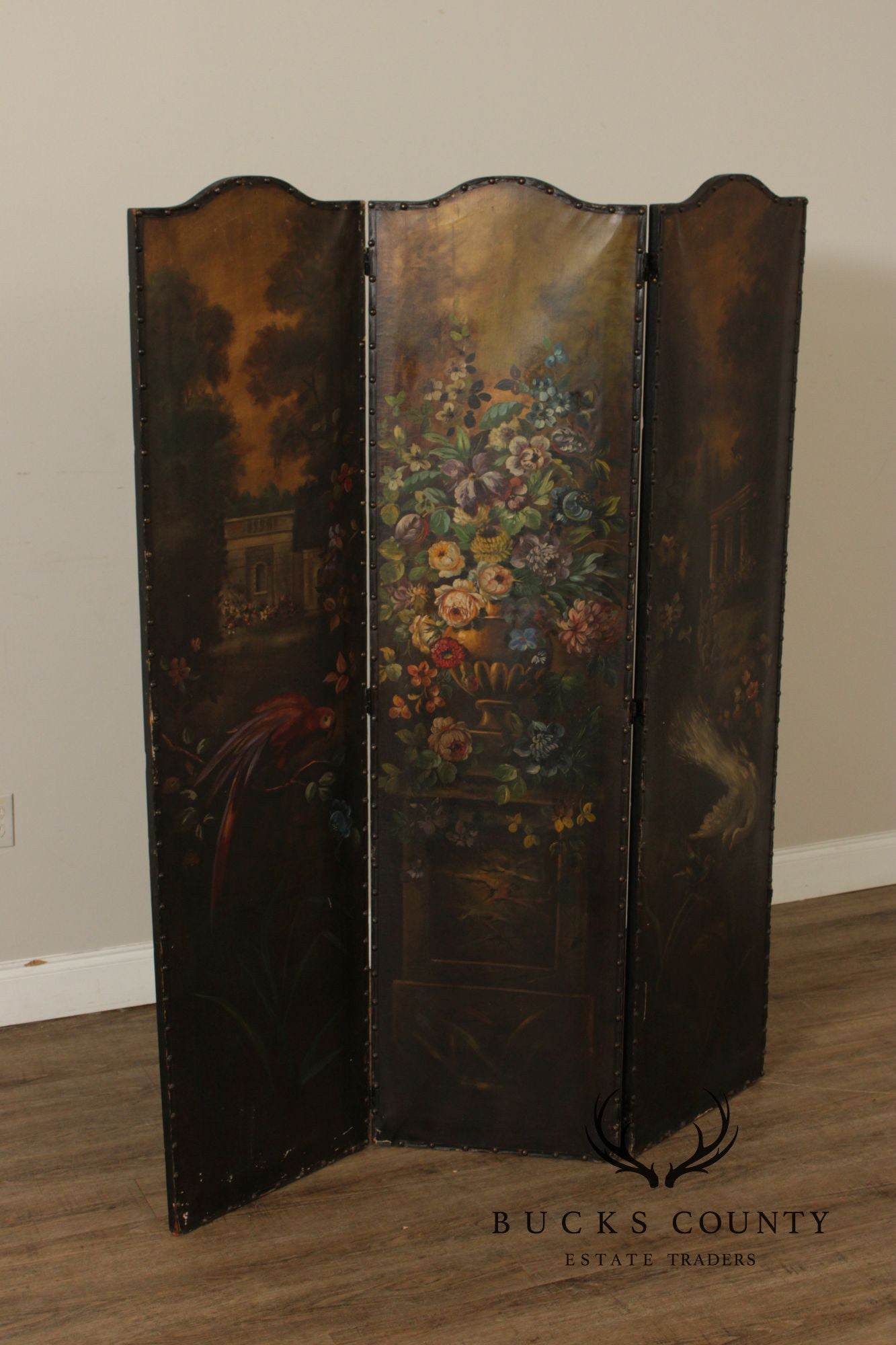 Antique Style 3-Panel Hand-Painted Oil On Canvas Floor Screen Room Divider With Floral Still Life, Birds & Garden Landscape