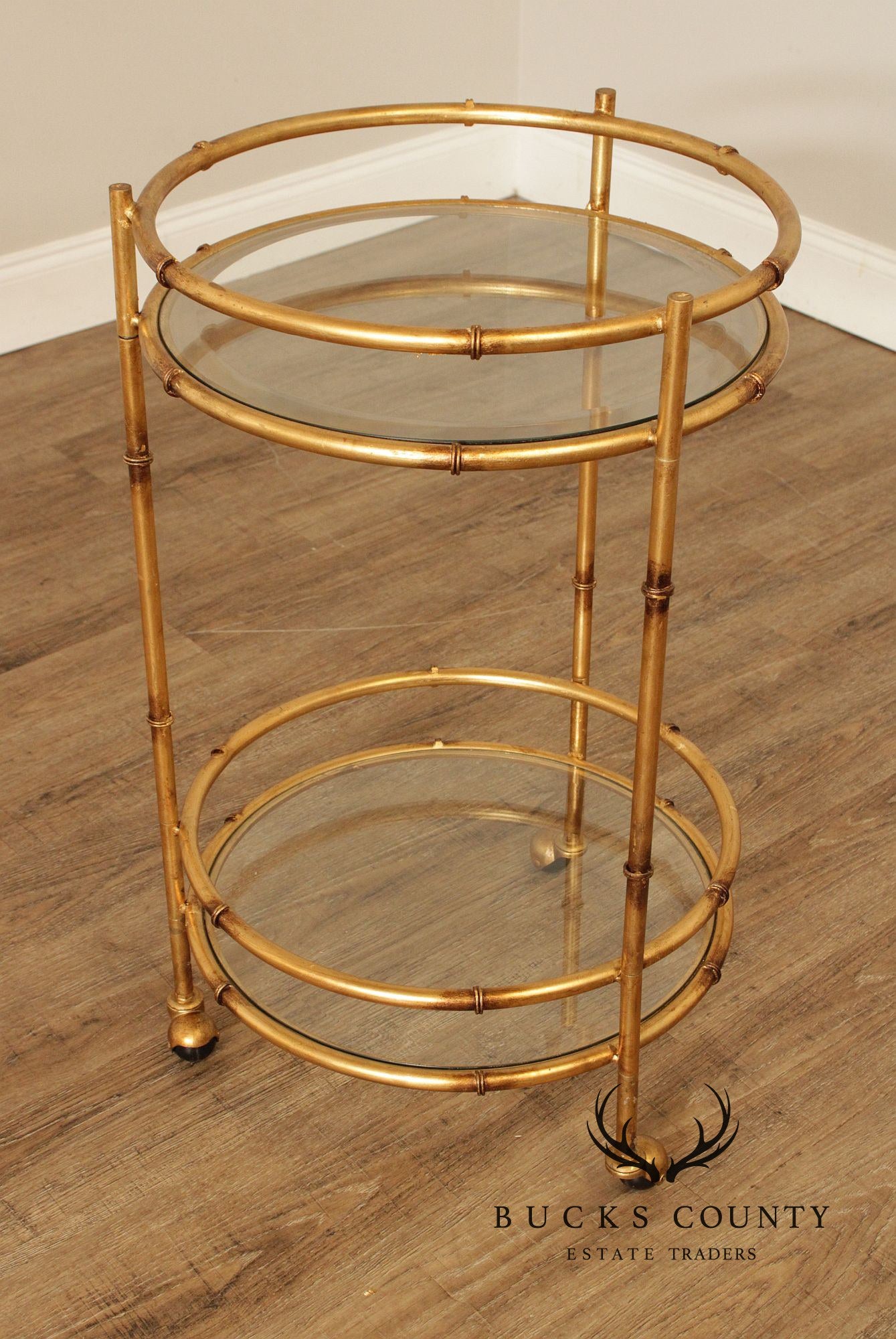 Hollywood Regency Style Gilt Metal Two-Tier Rolling Bar Cart