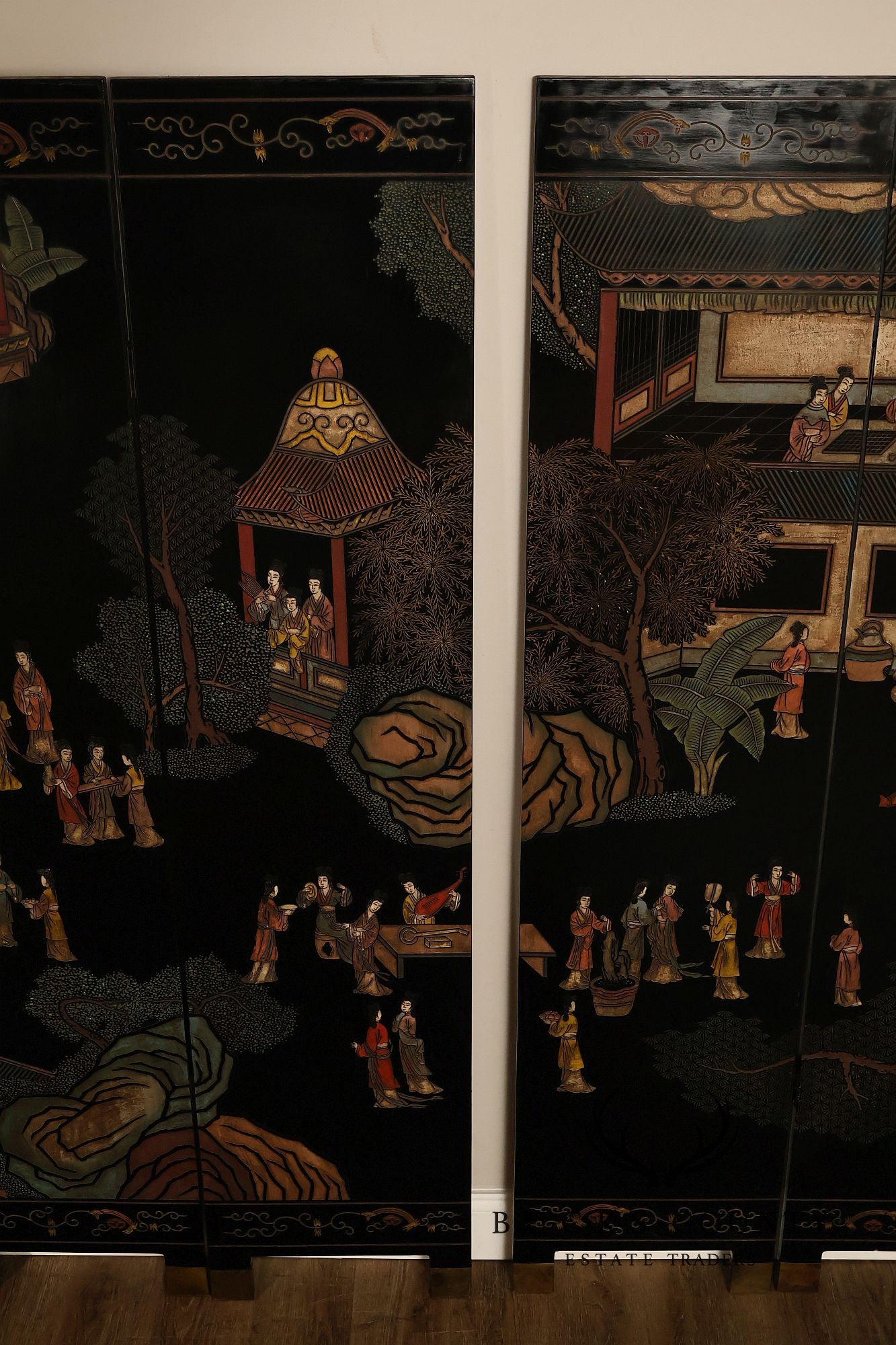Asian Style Black Vintage Lacquer Six Panel Folding Screen
