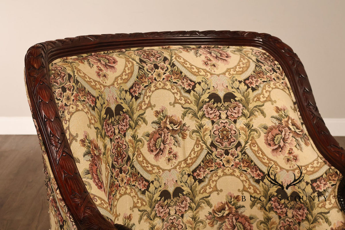 Pair Of Carved Mahogany Ram’s Head Upholstered Armchairs