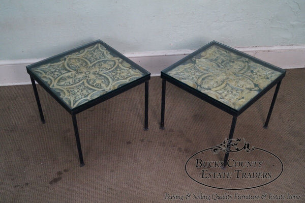 Custom Pair of Square Iron Frame Glass Top Side Tables w/ Tin Panels