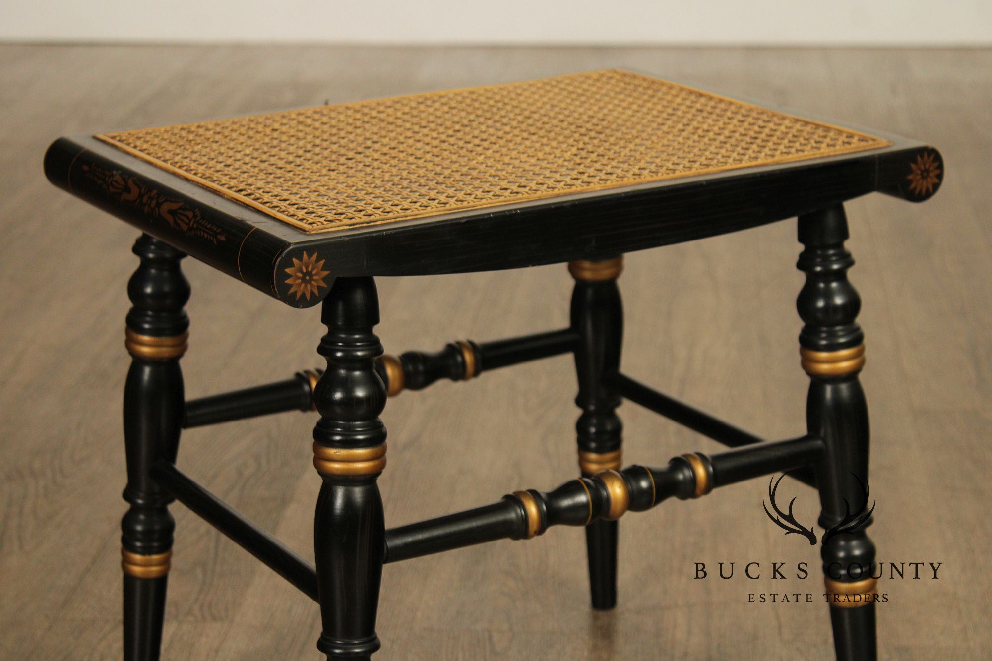 Pair Of L. Hitchcock Black And Gold Hand Stenciled Caned Benches