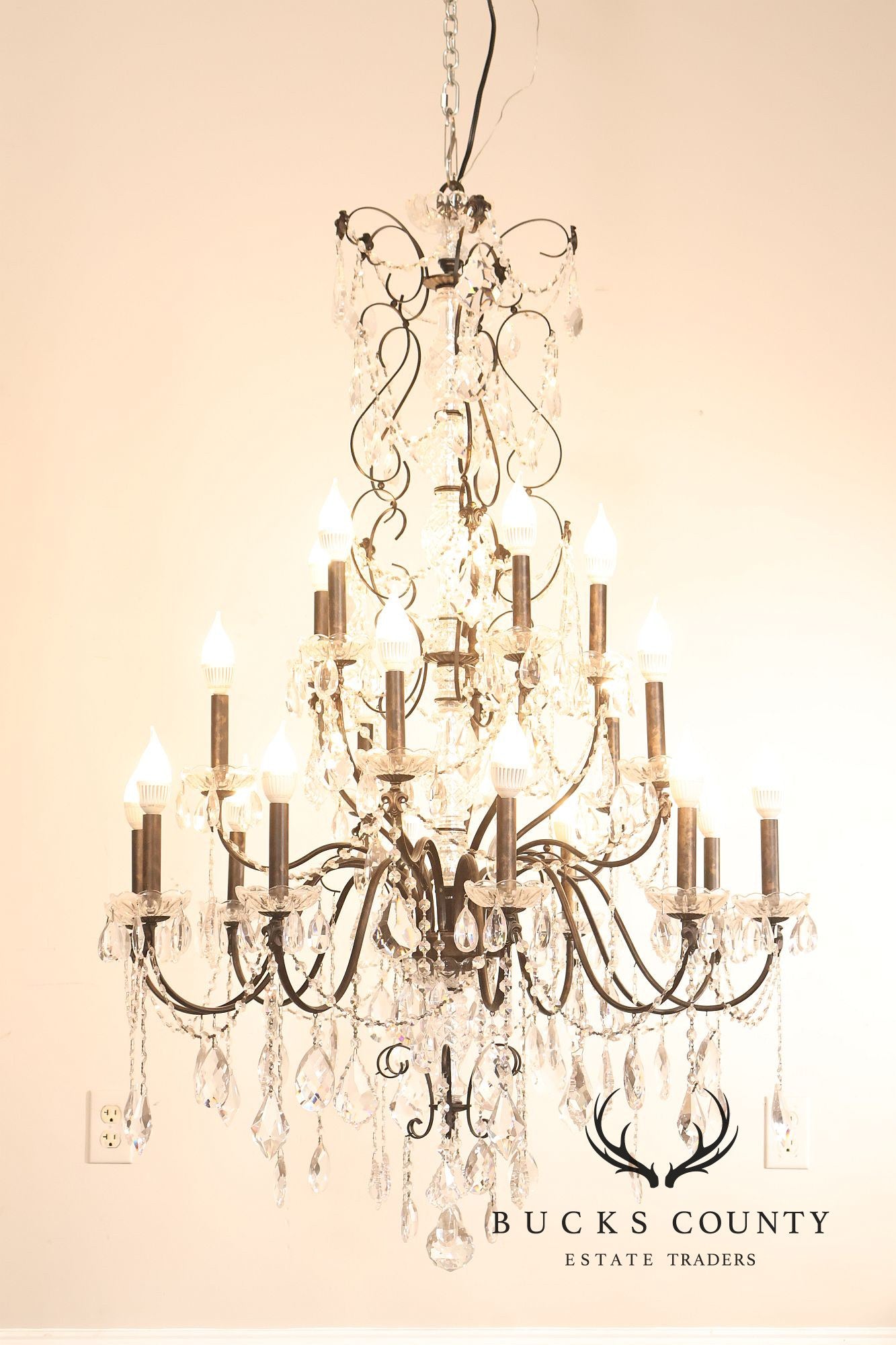Large Twenty-Light Crystal And Wrought Iron 55" Chandelier