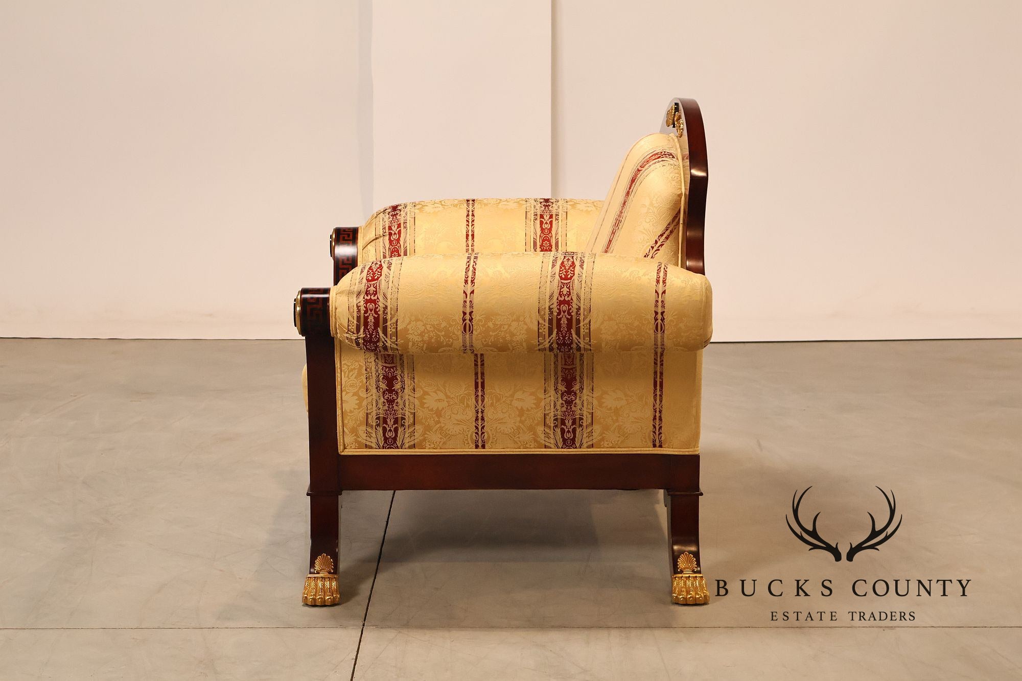 Empire Neoclassical Style Mahogany Upholstered Armchair With Gilt Bronze Accents