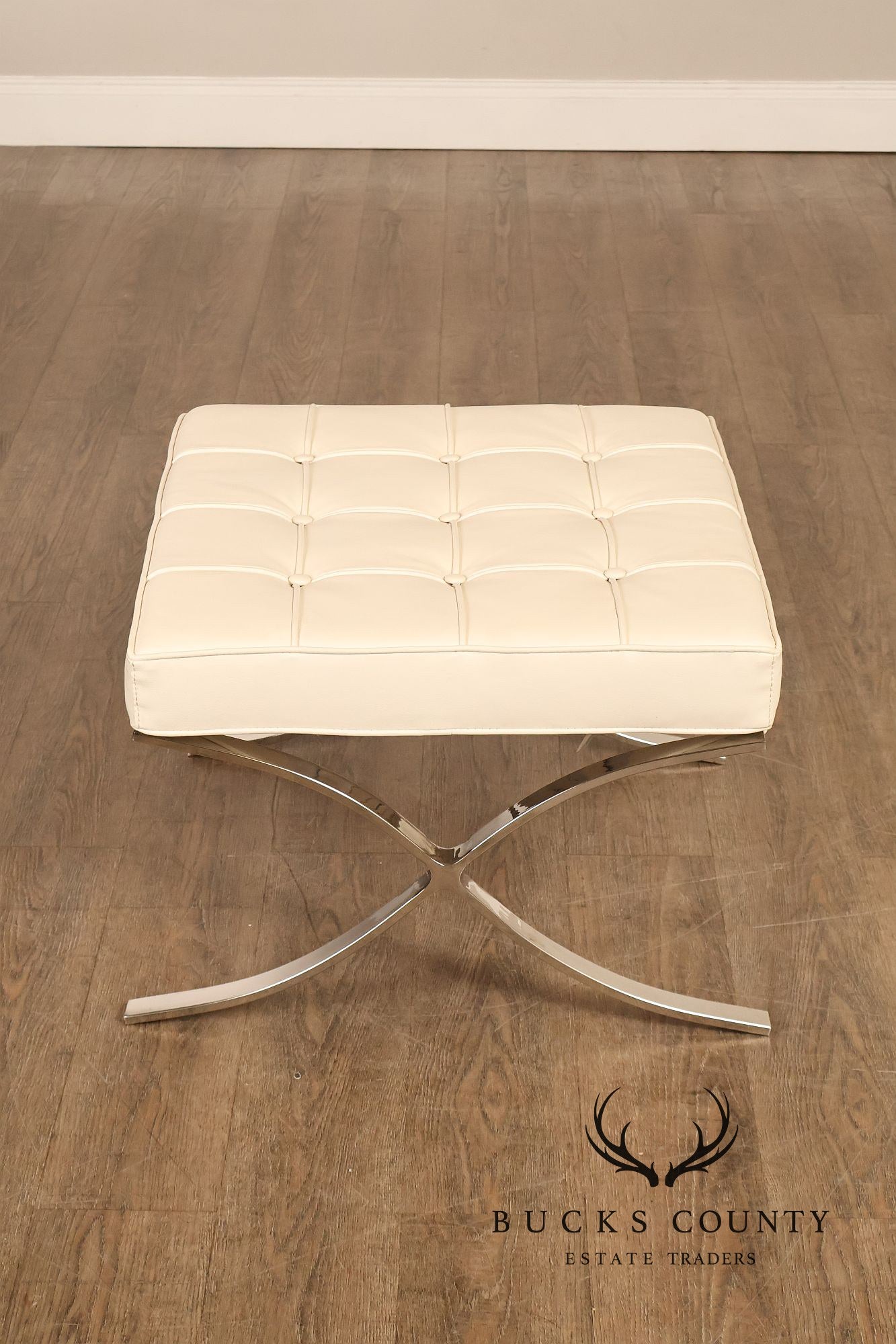 White Barcelona Style Pair Of Leather Stools With Chrome Bases