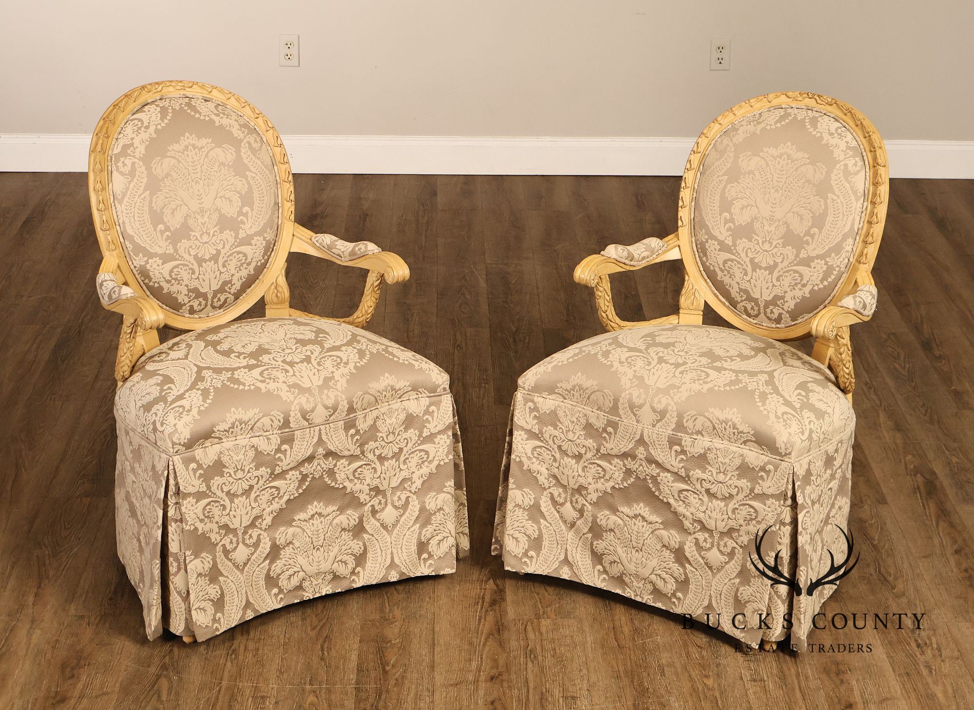 Louis XVI Style Pair Of Painted Oval Back Armchairs With Upholstered Seats