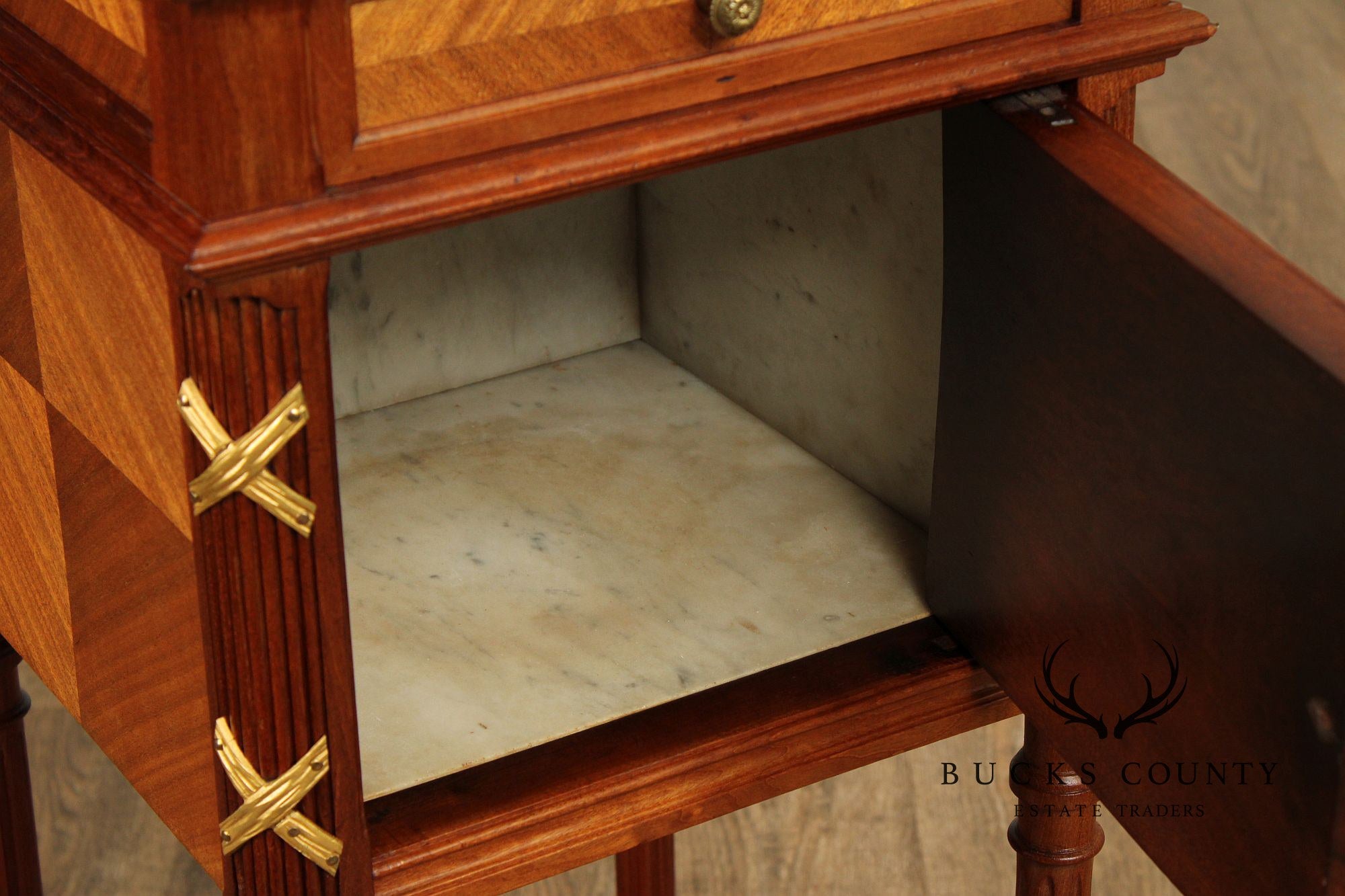 French Louis XVI Style Marble Top Mahogany Nightstand Cabinet