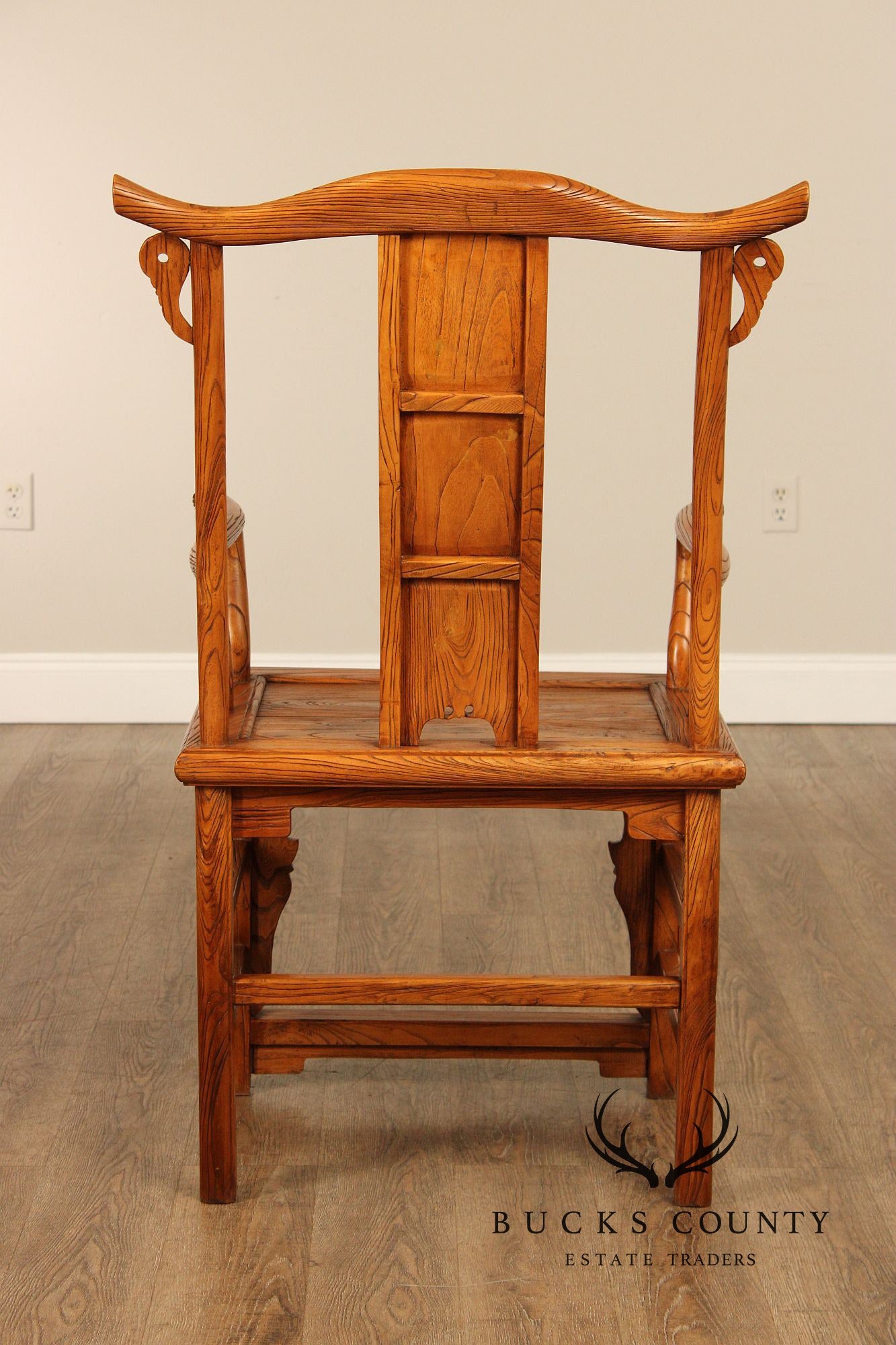 Asian Vintage Pair of Elm Yoke Back Armchairs