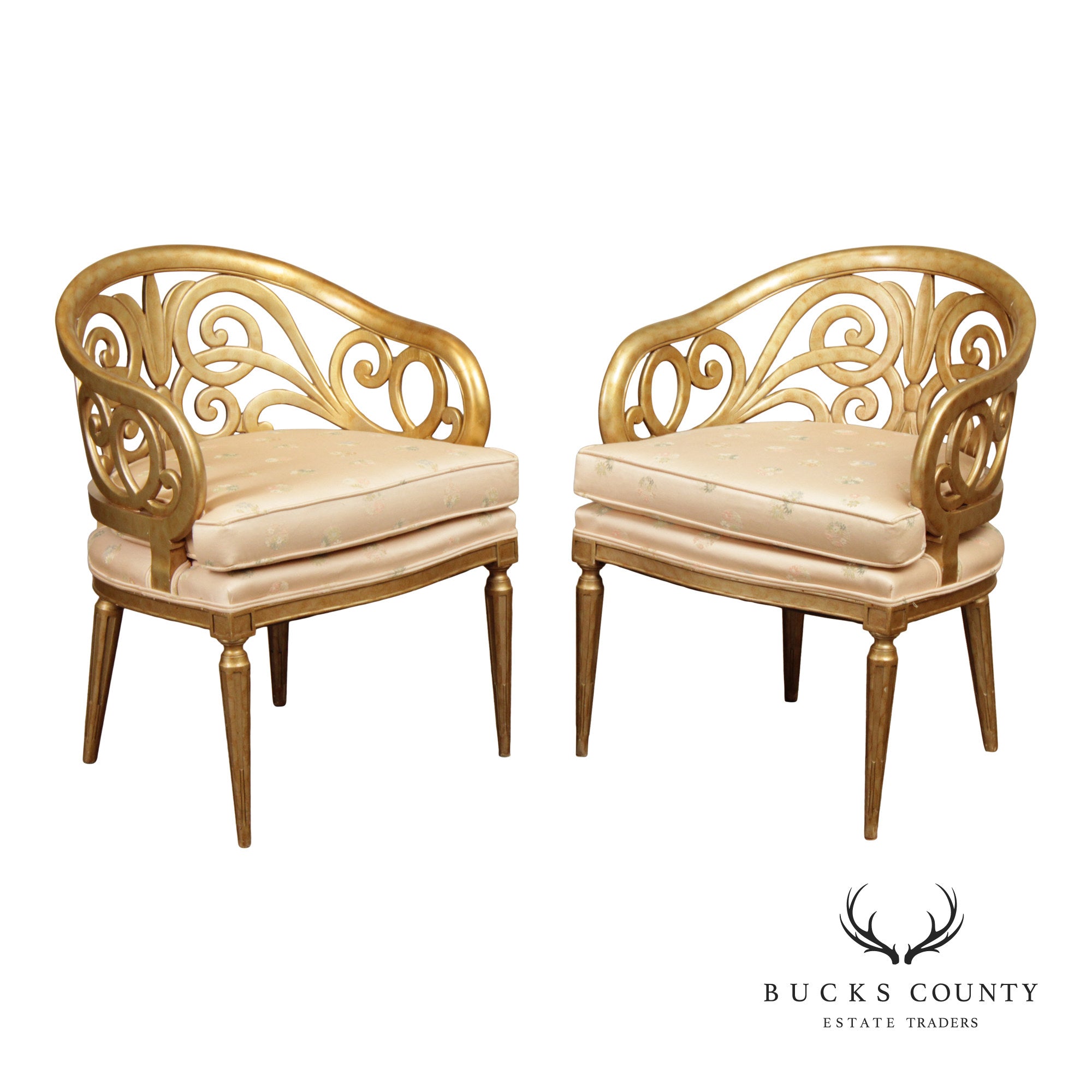 French Hollywood Regency Style Vintage Pair of Giltwood Barrel Armchairs