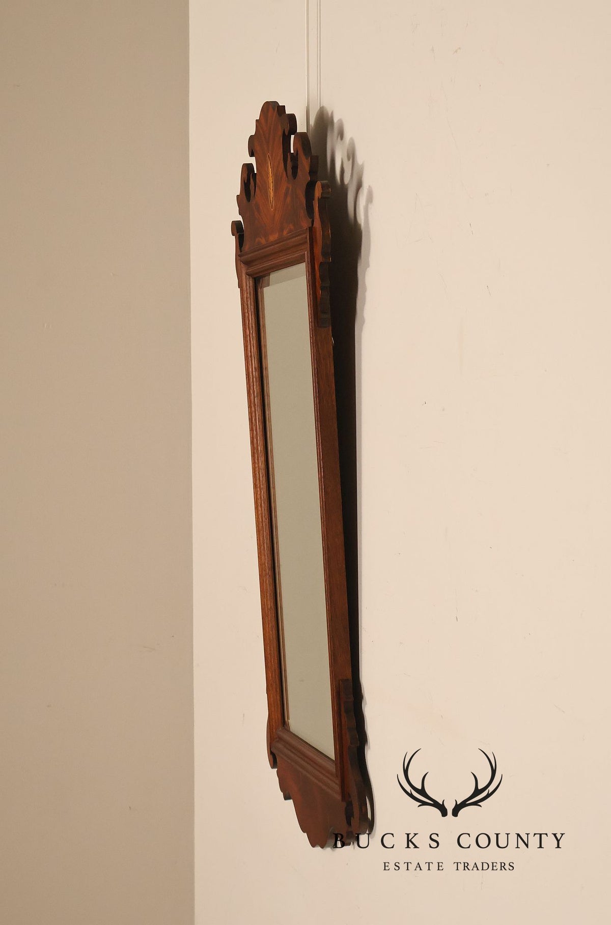 Traditional Chippendale Style Inlaid Mahogany Beveled Wall Mirror