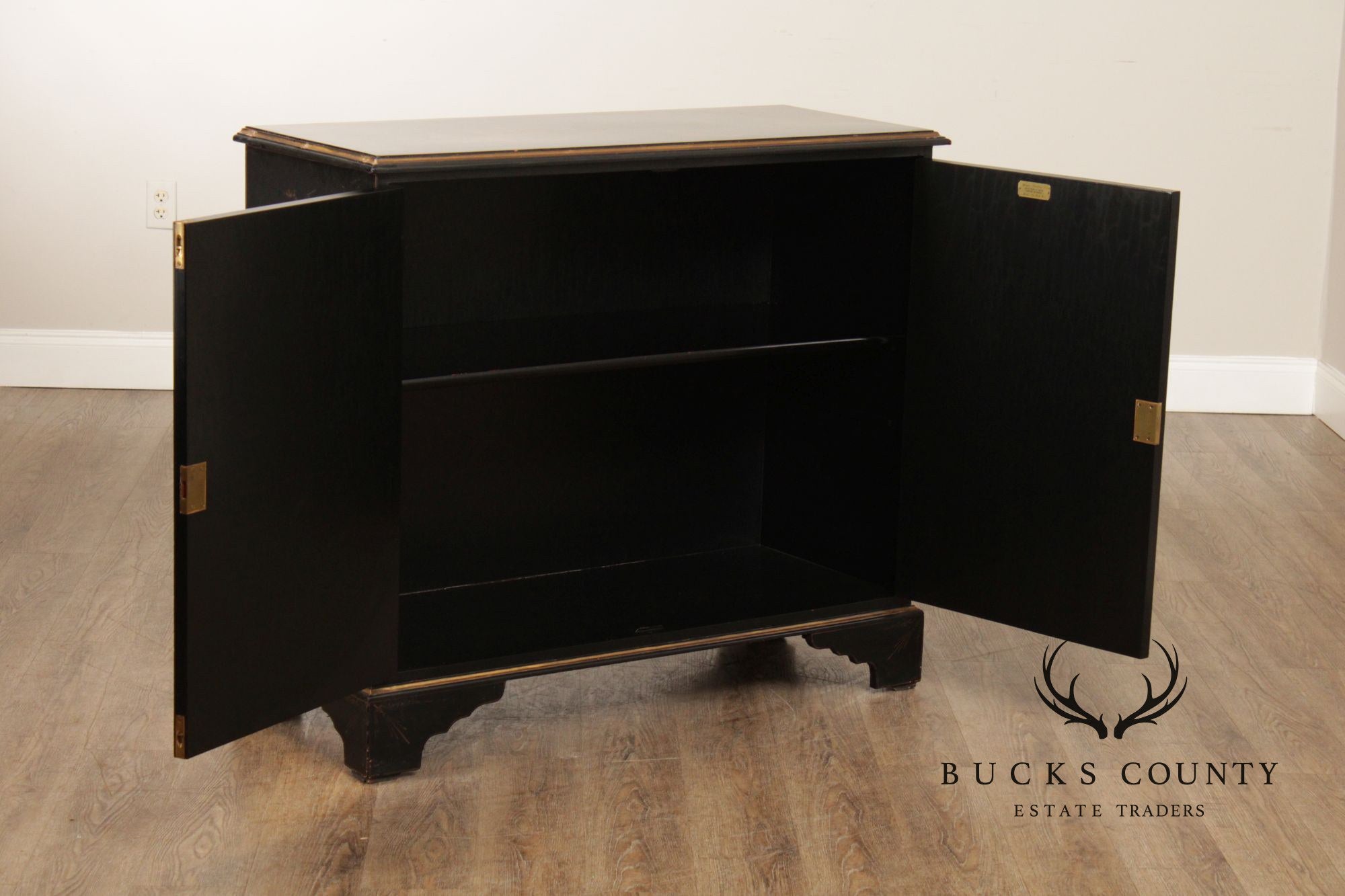 Georgian Furnishing Co. Pair Of Black Lacquer Chinoiserie Cabinets