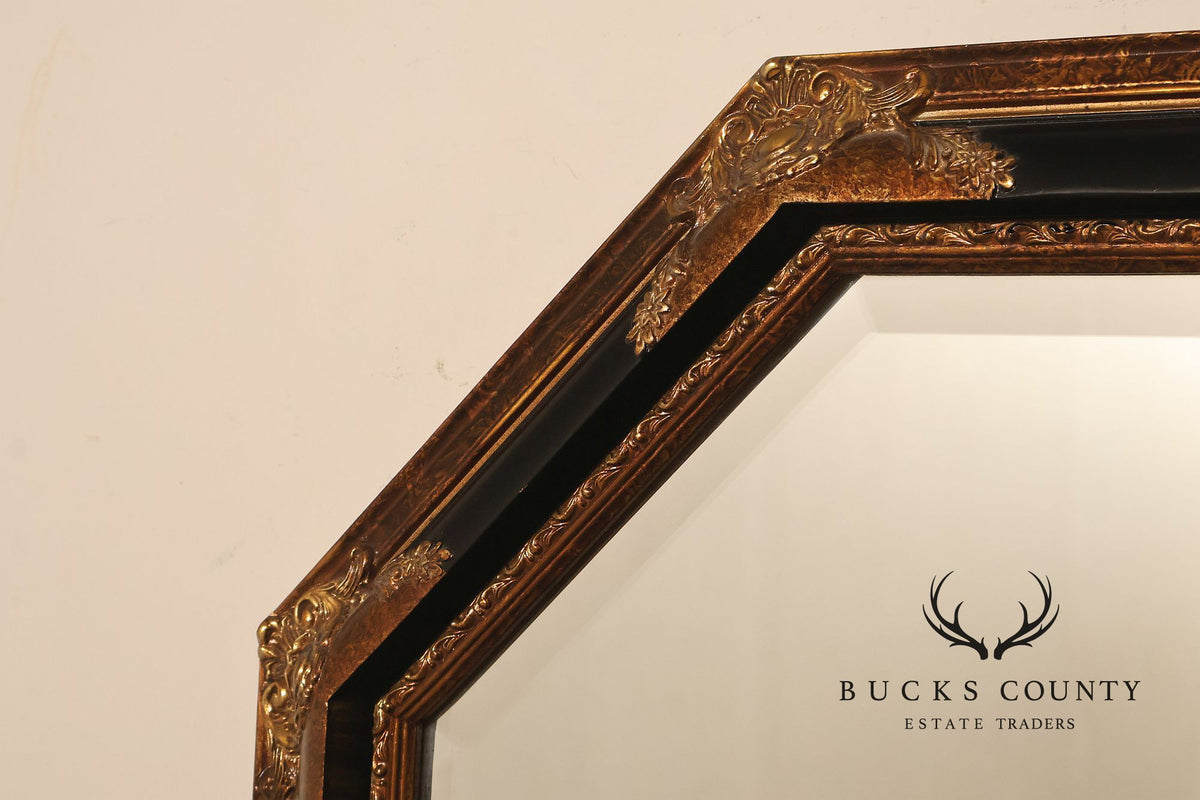 Traditional Octagonal Black And Gilt Beveled Wall Mirror