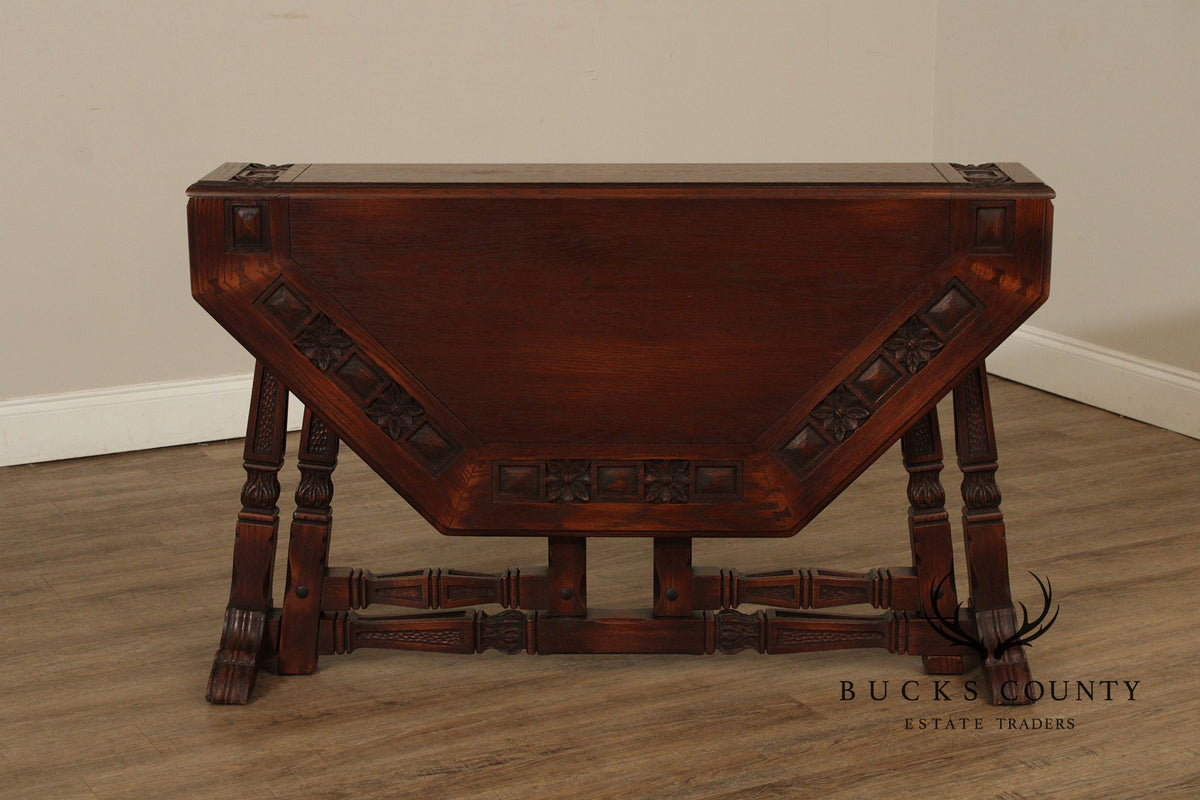 Rom Weber Viking Jacobean Style Carved Oak Drop-Leaf Table