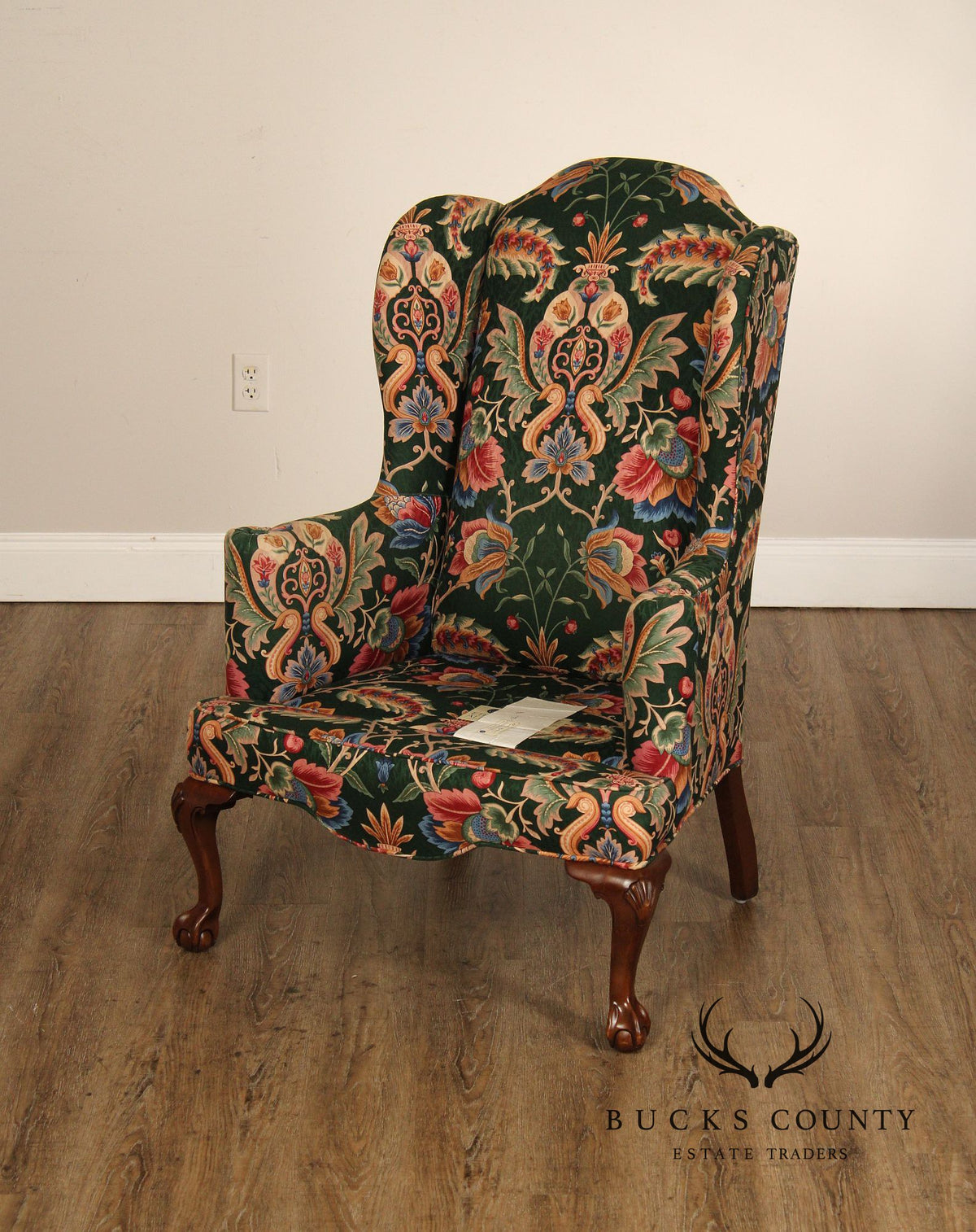 Ethan Allen Floral Upholstered Chippendale Style Wingback Chair