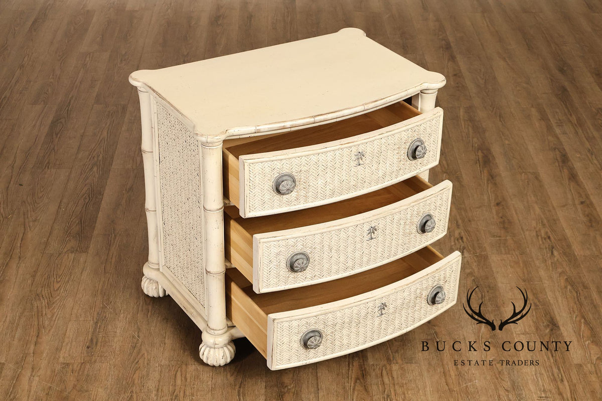 Pair Of Tommy Bahama By Lexington Painted Woven Rattan Three Drawer Nightstands
