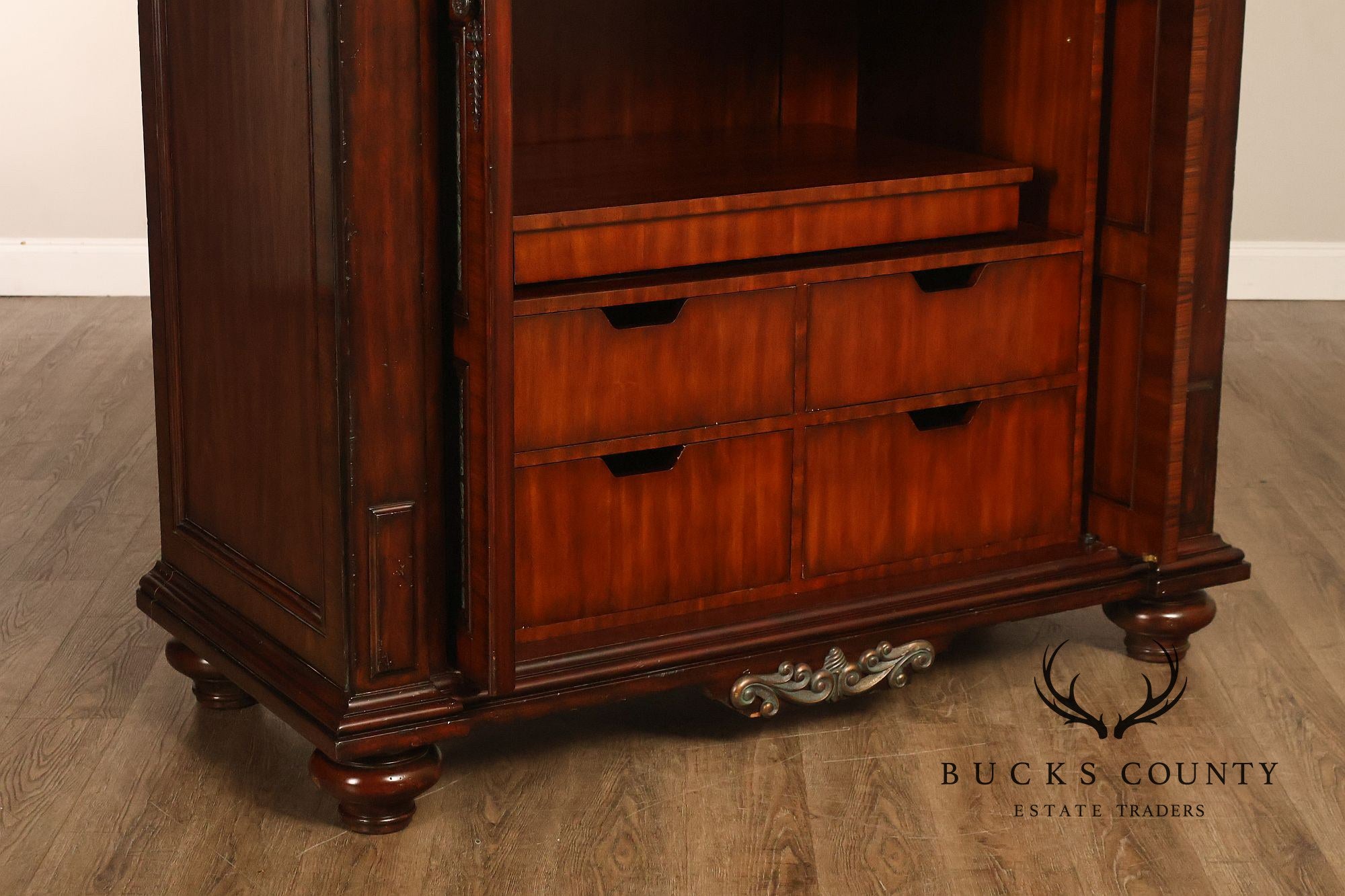Maitland-Smith Large Mahogany Armoire Cabinet With Bronze Scrollwork Finials And Raised Panel Doors