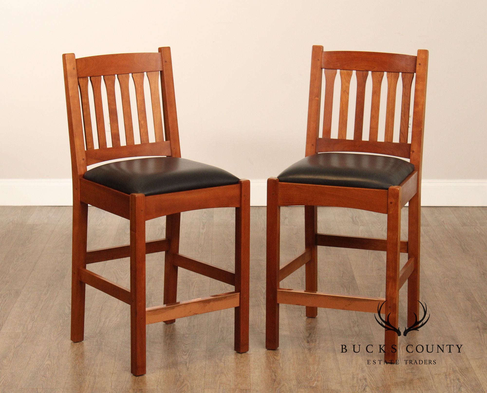 Stickley Mission Collection Pair of Cherry and Leather Counter Stools