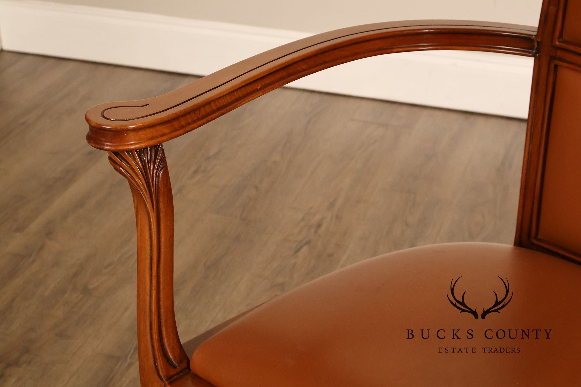 Antique Art Nouveau Carved Wood And Leather Armchair